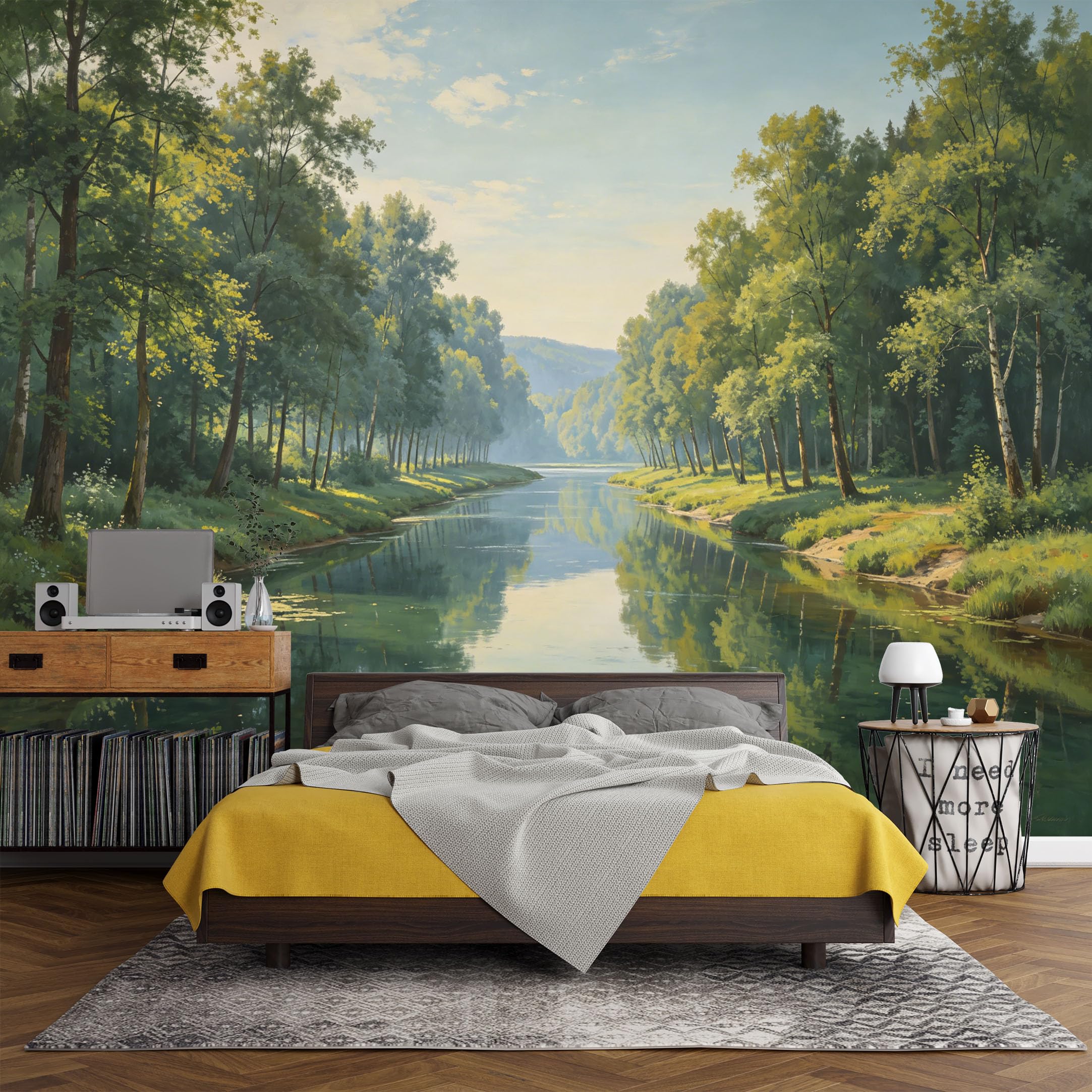 Custom Size Wall Mural， Landscape Forest River Reflection Tranquil Nature Scenery，SelfAdhesive Art Prints wall Fabric (No PVC) Removable Wallpaper Living Room Decor