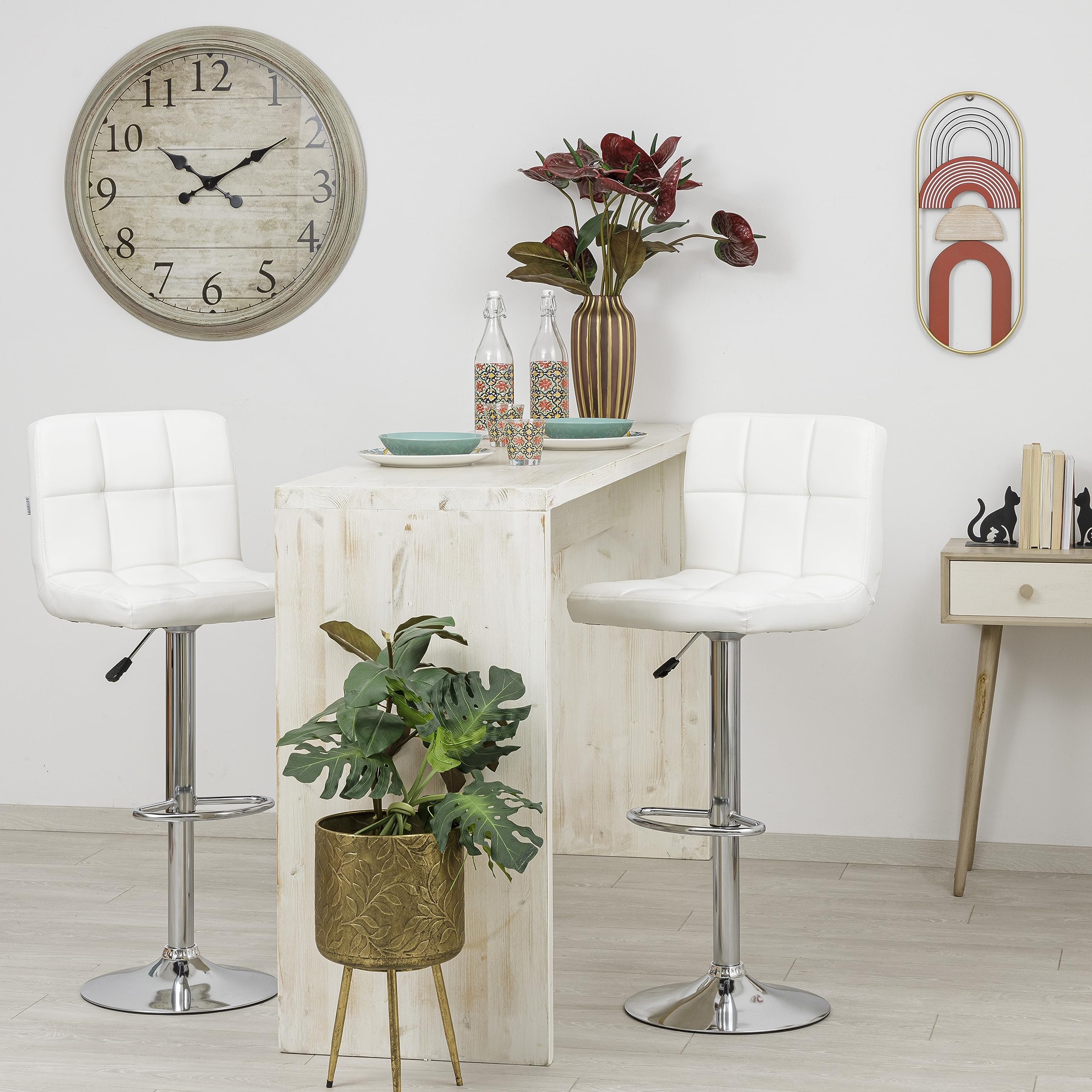 Baroni Home Tabouret de Bar Revêtement en Similicuir, Chaise de Bar Hauteur Réglable, Tabouret Tournant 360°, Dossier Ergonomique et Repose-Pieds, Structure en Acier, 1 Pièce, Blanc, 38x43,5x115 cm