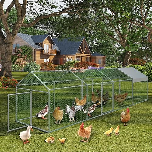 Metal Chicken Coop, 160" x40" x40" Large Chicken Run with 4 Doors, Outdoor Hen House for Yard with Waterproof and Anti-UV Cover, Walk in Poultry Cage for Rabbit Duck Goose, Silver