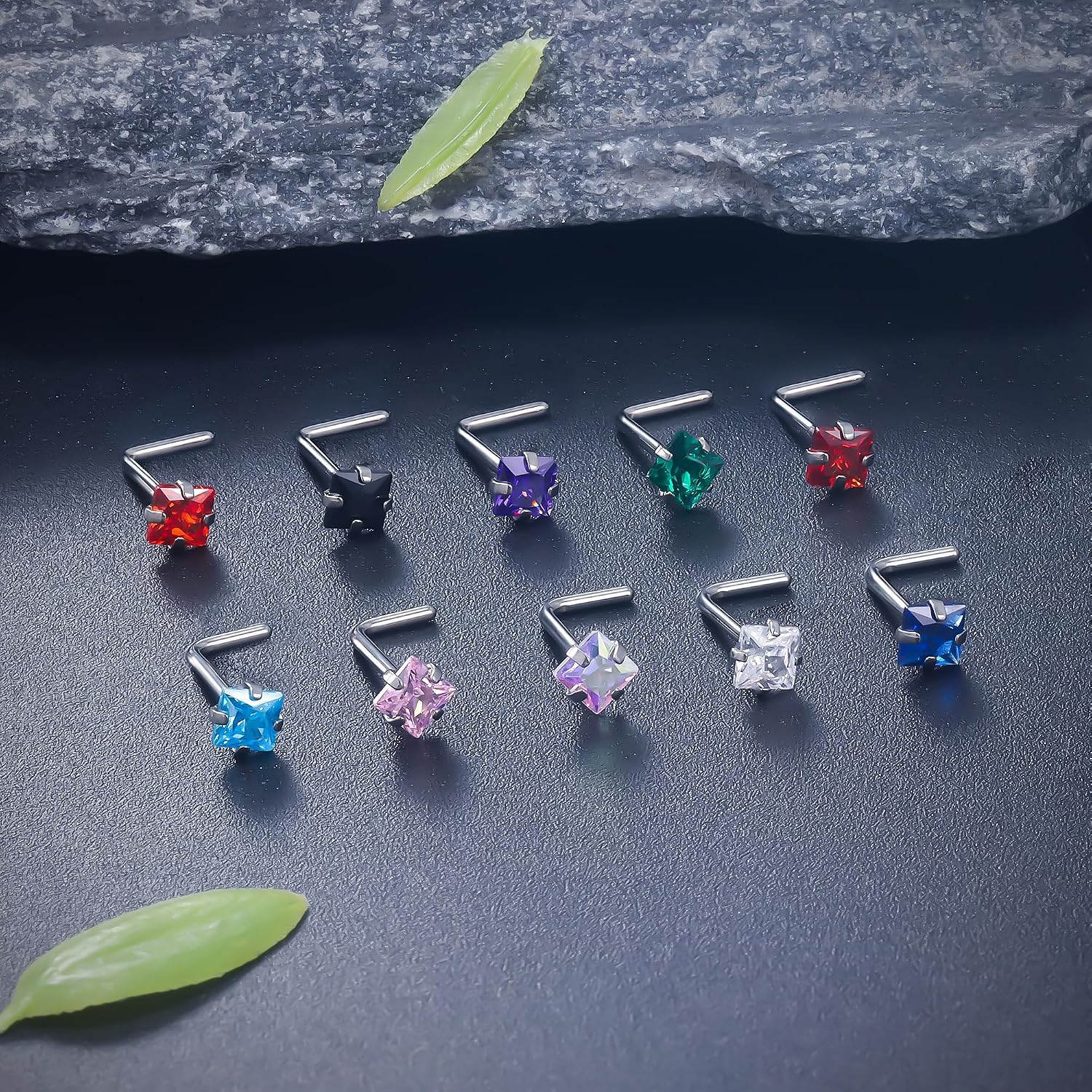 Ruifan ASTM F136 Titanium Nose Rings 18G 20G 22G Mix Color Square Cubic Zirconia Nose Studs Ring Screw L-Shaped Bone Hypoallergenic Body Piercing Jewelry for Women 3mm 10PCS