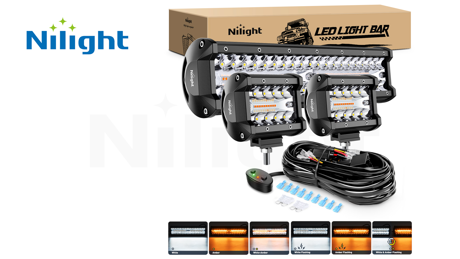 Image of Nilight 12Inch 300W LED Light Bar 2PCS 4Inch 60W Light Pods Amber White Strobe 6 Modes Memory Function Reset Function Off Road Truck with 16AWG Wiring Harness Kit-3 Leads, 2 Years Warranty