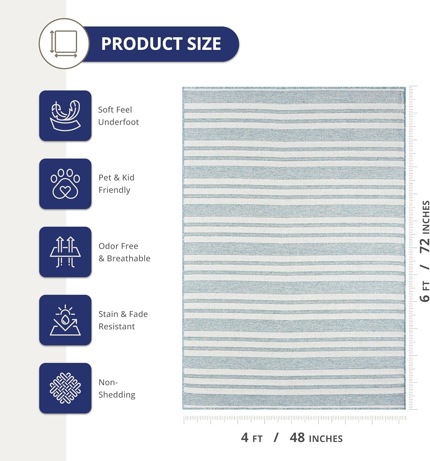 Abani Blue Area Rug – Ocean Collection – 4' x 6' Horizontal Striped Design – Indoor & Outdoor Use – UV Protected, Fade-Resistant, Easy to Clean – Durable for Patio, Deck, Entryway, or Kitchen