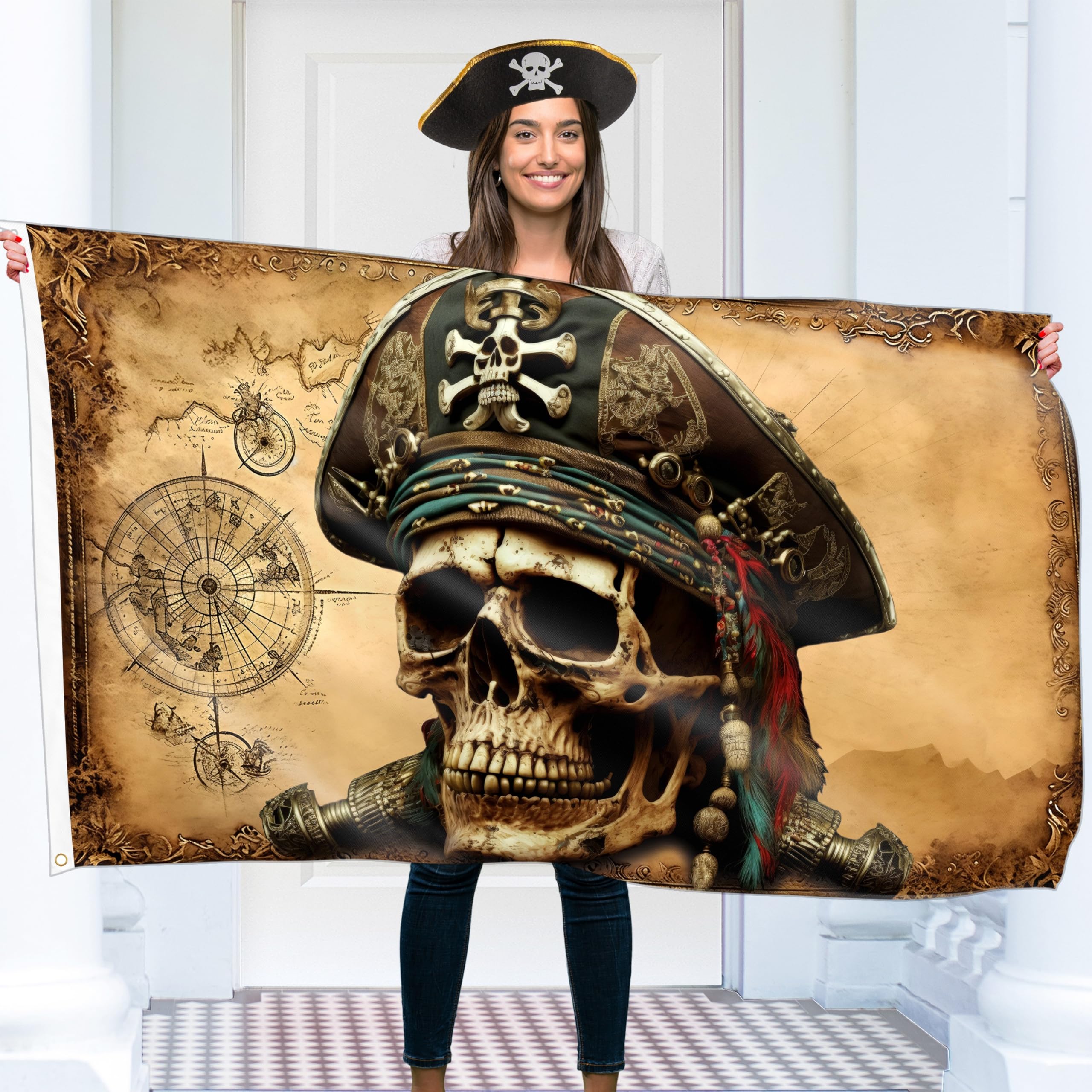 Pirate Flag – Jolly Roger Flag with Pirate Map – Funny Flag – 110Den polyester - Double Seam - 2 brass eyelets, large 5ft x 3ft
