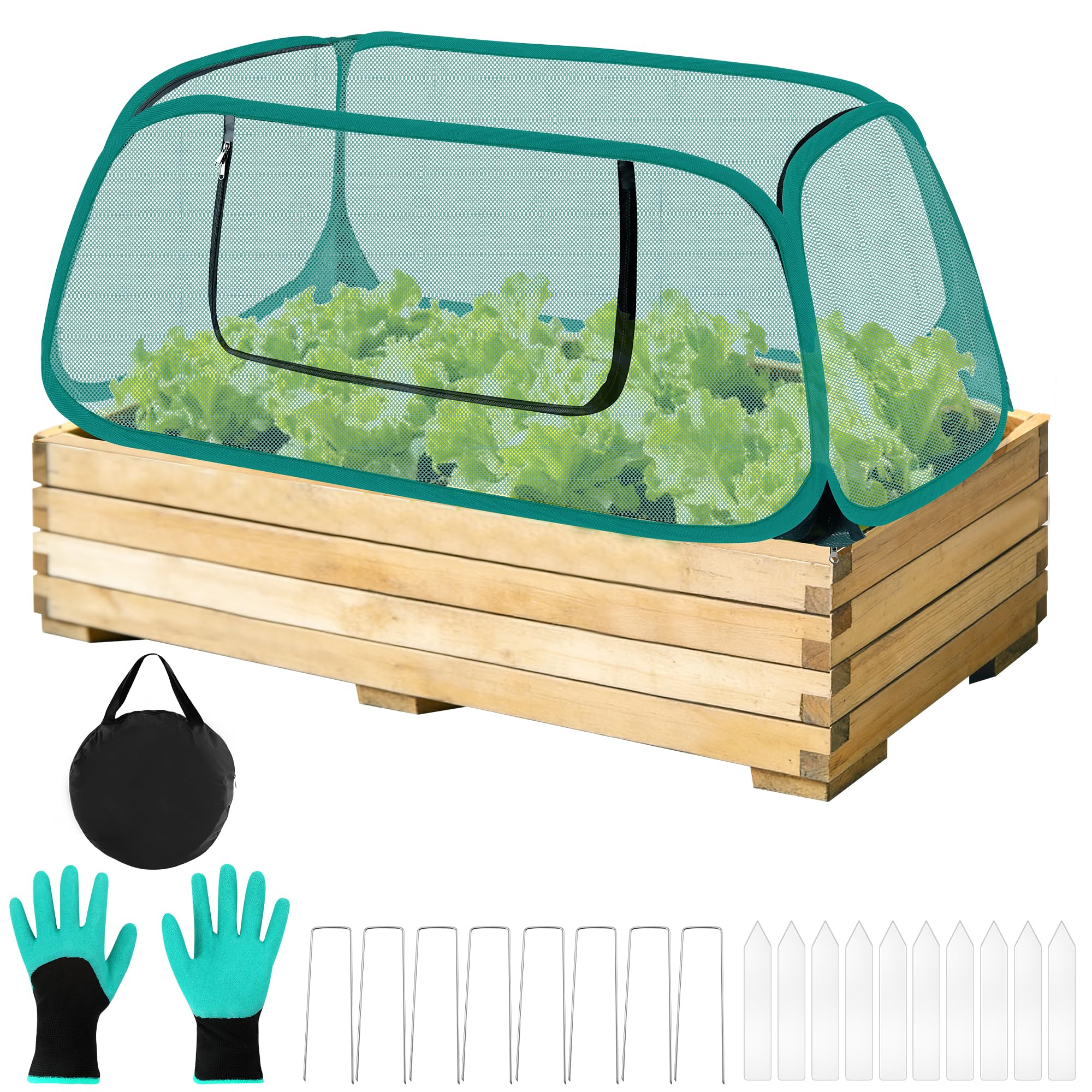 Windspeed 1 Pack Pop Up Garden Cover for Raised Beds, Foldable Pop-Up Mesh Raised Garden Bed Cover for Plants, with 10 Labels/ 4 Stakes/ 1 Storage Bag/Gloves (112 x 49 x 43 cm)