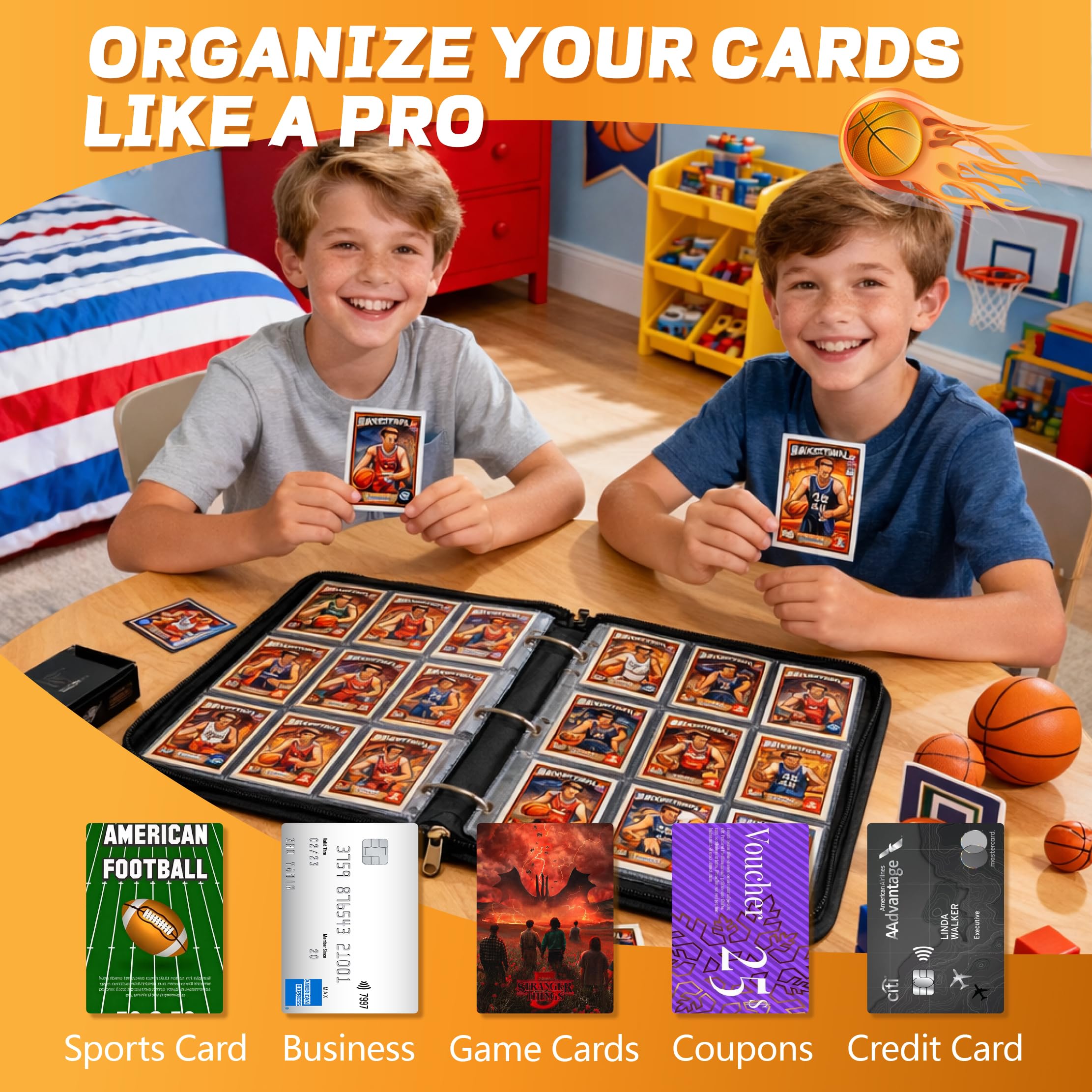 XS01 Classeur pour cartes de basket-ball avec pochettes, 9 poches, protecteur de cartes portable avec fermeture éclair, peut contenir 900 cartes avec 50 pochettes amovibles, étui de transport pour