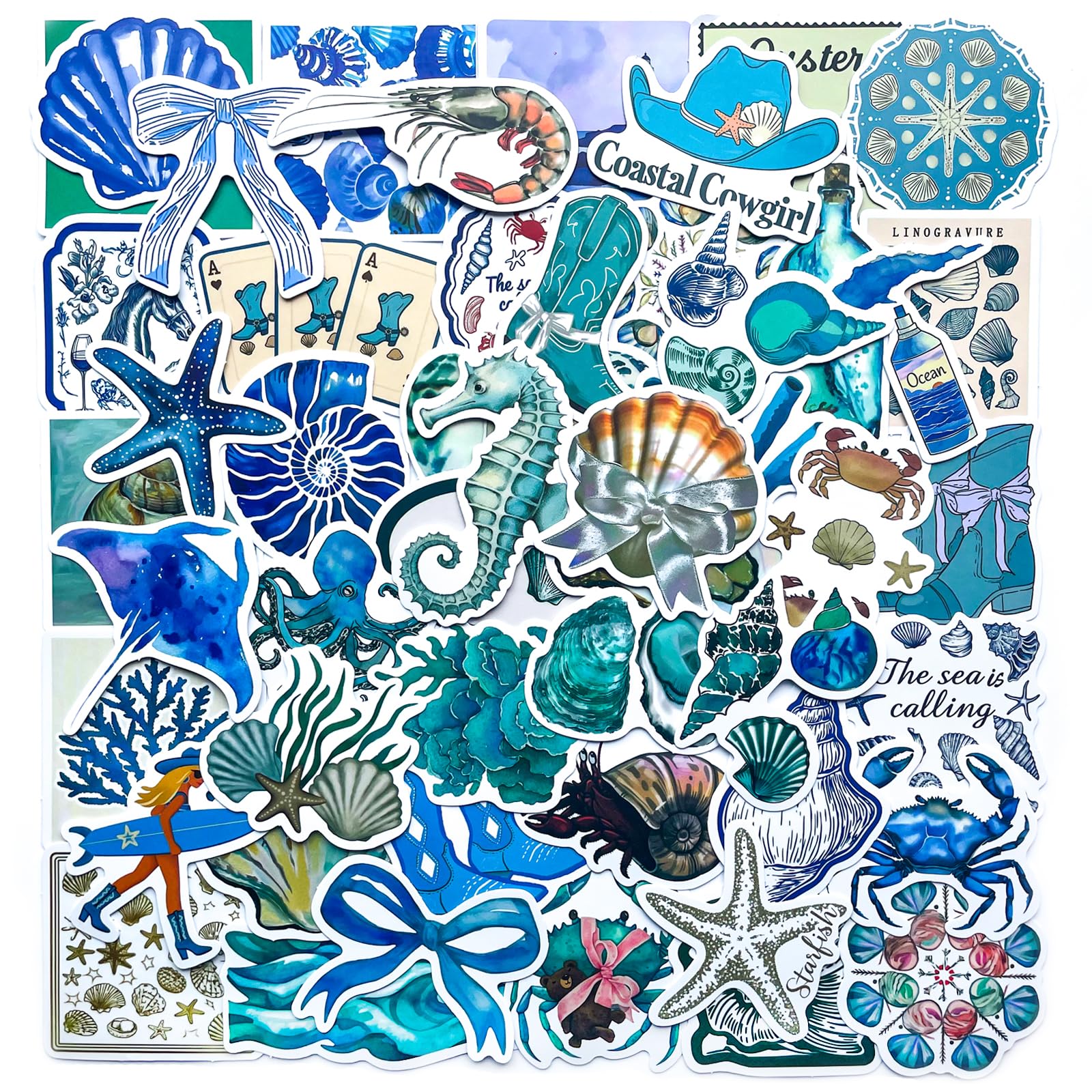 50-Piece Beach Coastal Cowgirl Sticker - Ocean Marine Life Stickers with Blue Corals,Seashells,Starfish,Crabs,Seahorses,Cowgirl Boots - Waterproof