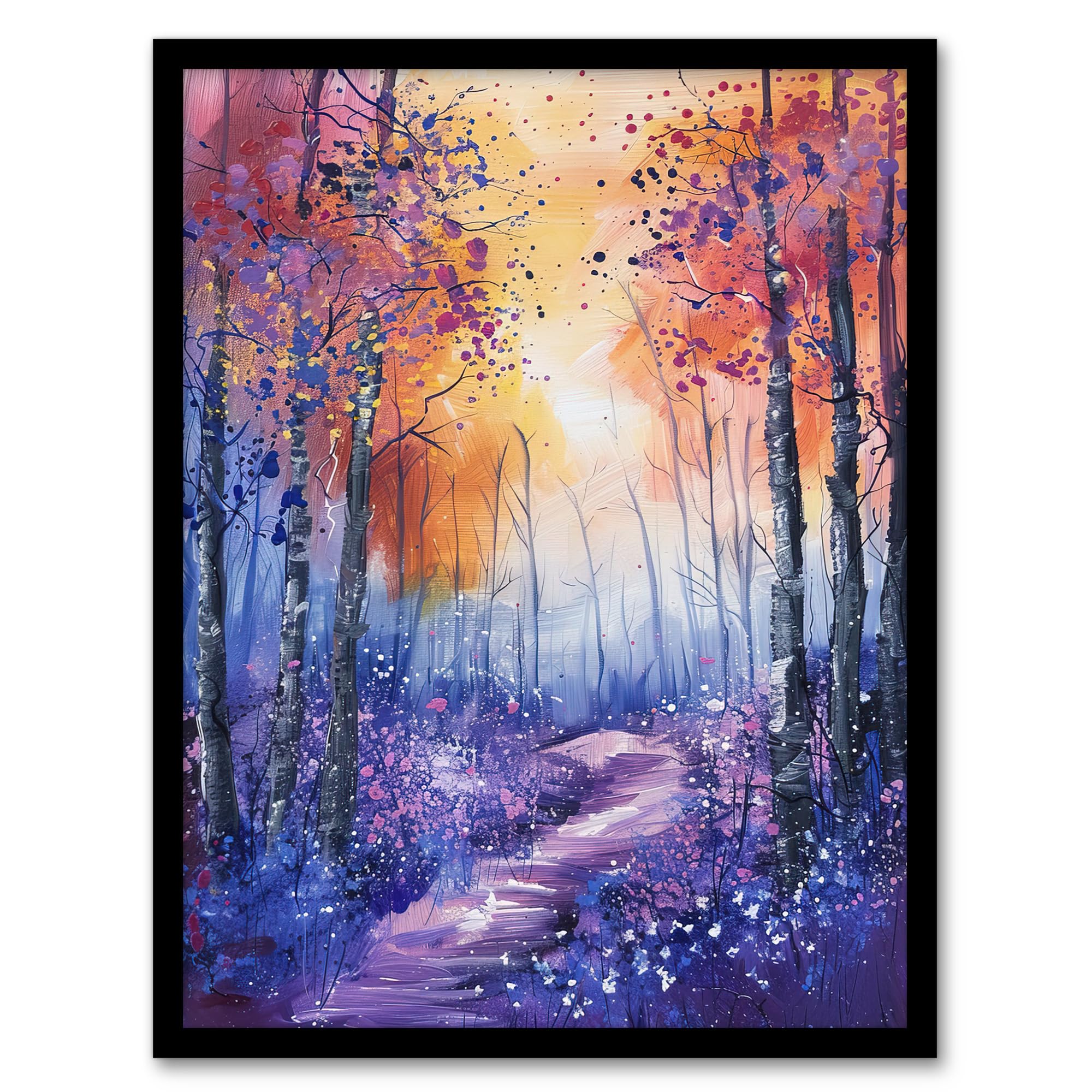 Artery8 Bluebell Woods Abstract Violet Forest Sunrise Framed Art Print - A4 Size
