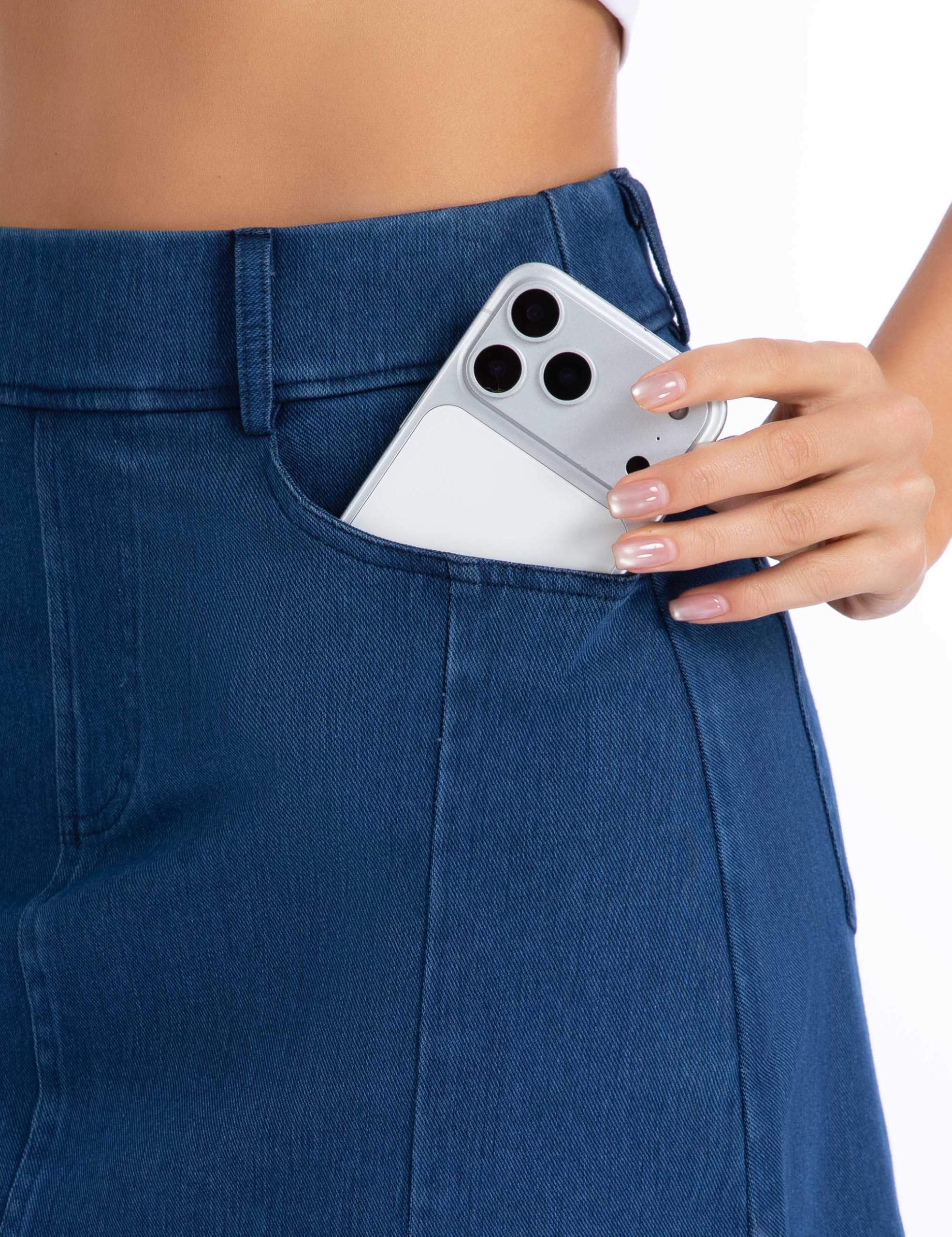 THE GYM PEOPLE Dehnbare Jeans-Skorts für Damen, schmale Passform, seitlicher Schlitz, lässiger Jeansrock mit Taschen