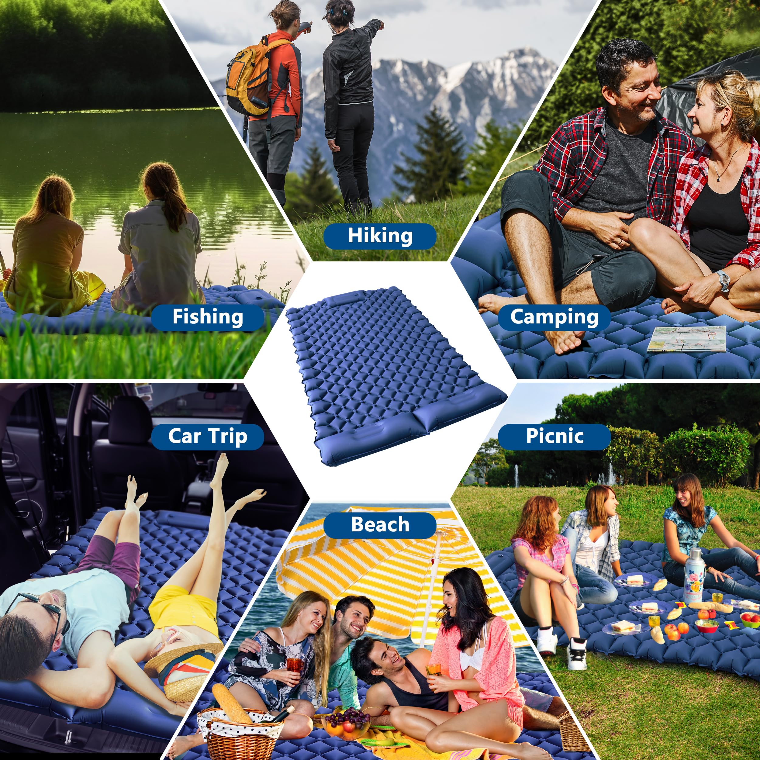 LHUKSGF Double Sleeping Pad for Camping, 4" Ultra-Thick Self-Inflating Sleeping Mats with Pillow Built-in Foot Pump, Portable 2 Person Camping Mattress for Tent, Hiking, Traveling,Backpacking