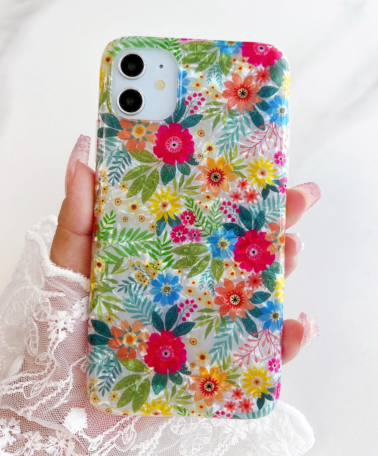 Qokey Compatible for iPhone 11 Case 6.1 inch,Cute Flower Design for Girls Women Shell Pattern Sparkle Crystal Translucent Soft Fit TPU Phone Cover,Blue Pink Floral - Image 3