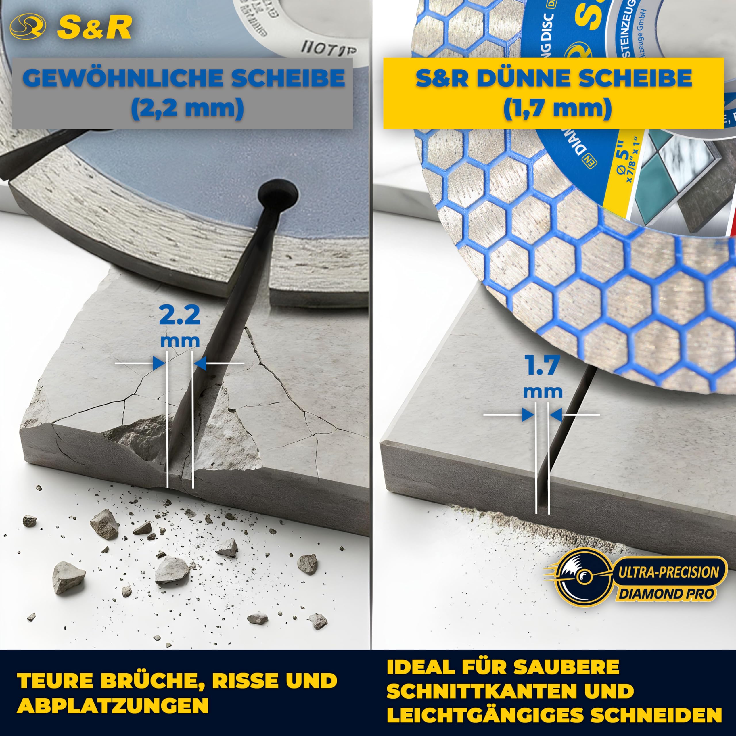 S&R Diamentowa tarcza tnąca, tarcza do cięcia 125 mm, tarcza diamentowa 125 mm, tarcza kamienna, 125 mm diamentowa tarcza tnąca 125 x 22,23/25 x 1,7 mm do porcelany, gresu, twardych płytek, kamienia