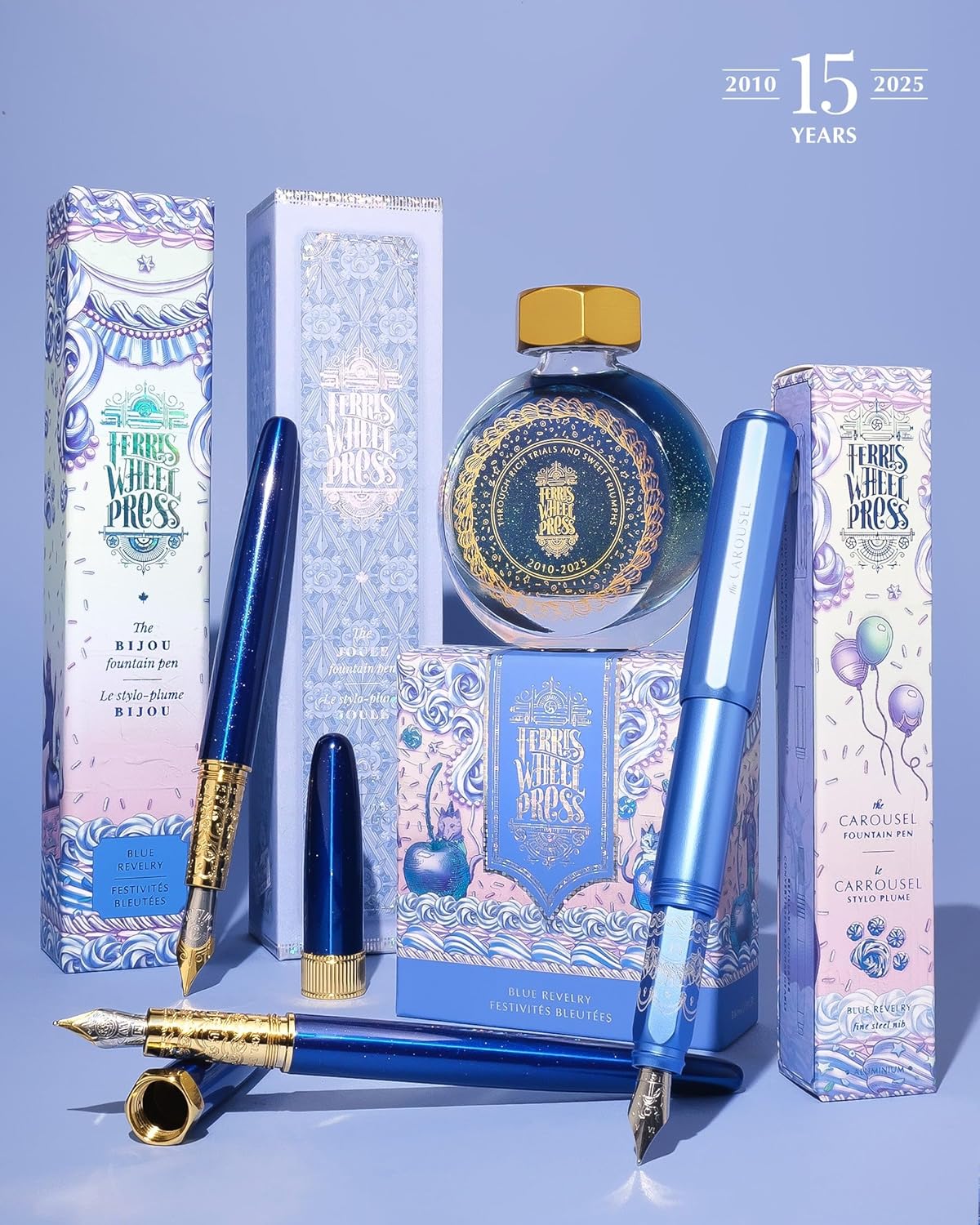 Ferris Wheel Press , Bijou Fountain Pen, Blue Revelry, Double Gold Plated, Sapphire Lacquer Finish, Two-Tone Steel Nib, Fine Nib