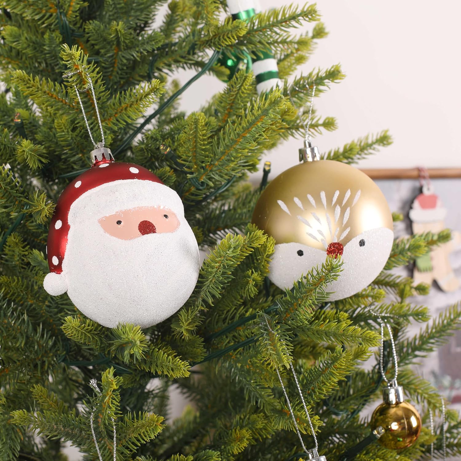 Alupssuc 65pcs Christmas Balls Ornaments Set, Shatterproof Plastic Baubles Gingerbread House, and Tree Topper for Xmas Tree Holiday Wedding Party Decorations with Hanging Strings, Red & Green, White