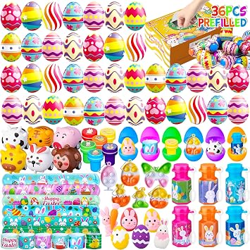 DMIGHT 36 PCS Prefilled Easter Party Favors Including Keychains, Stampers, Easter Party Decorations | Includes 36 prefilled Easter eggs with keychains and stampers for a fun, ready-to-give holiday surprise.