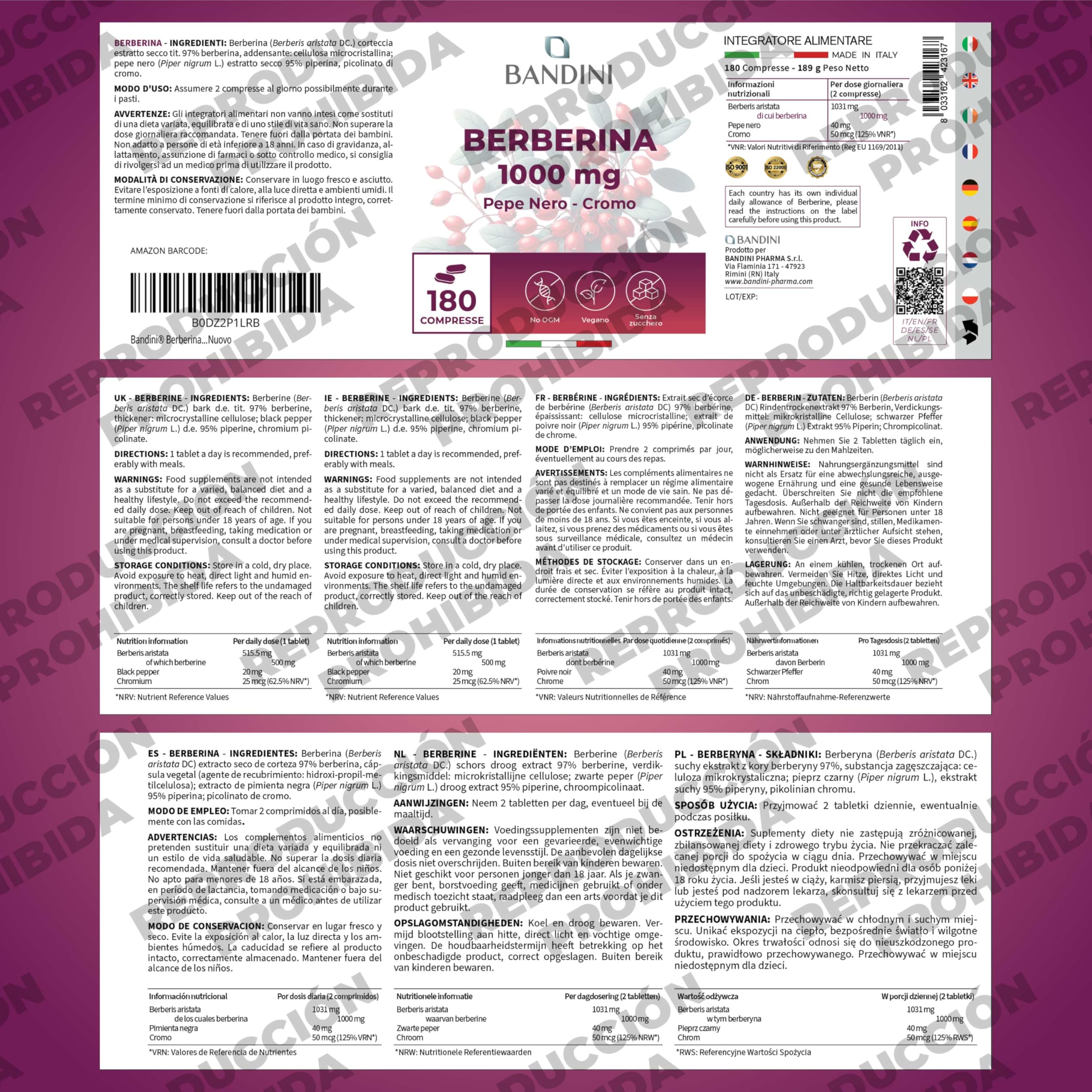Bandini® Berberina 1000mg pura alta dosificación | 180 comprimidos veganos - Berberina HCl de Berberis Aristata 97% + Cromo y Pimienta Negra | Máxima absorción - Función digestiva, hepática, intestina