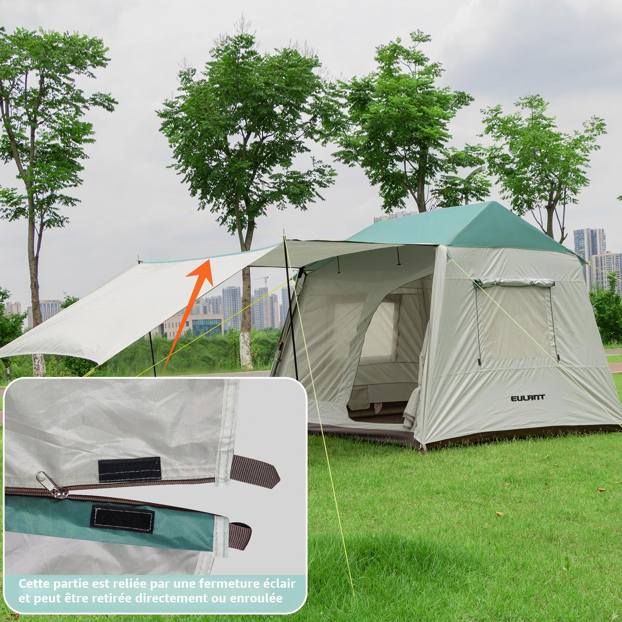 EULANT Tente Familiale pour 4 Personnes, Tente Quick-up Etanche, Grande Tente Blackout avec Porche pour Camping,Tente de 2 Etage