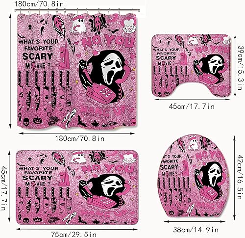 Miniatura 2 de Juego de 4 cortinas de ducha de Halloween, juego de cortina de ducha gótica rosa aterradora para decoración de baño de Halloween, con antideslizante
