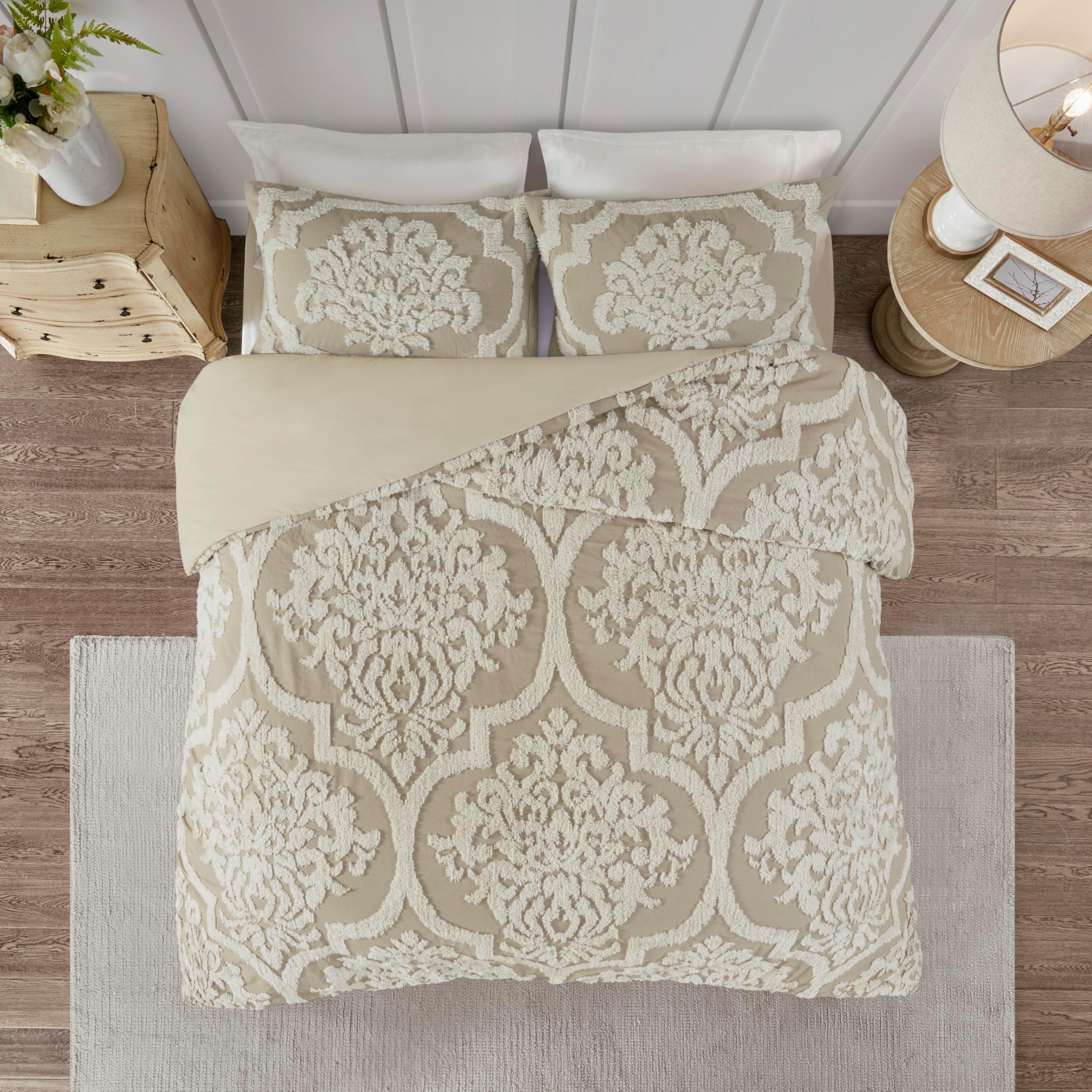 Tufted Chenille 100% Cotton Duvet Modern Luxe All Season Comforter Cover Bed Set with Matching Shams, Full/Queen(90"x90"), Damask Taupe 3 Piece
