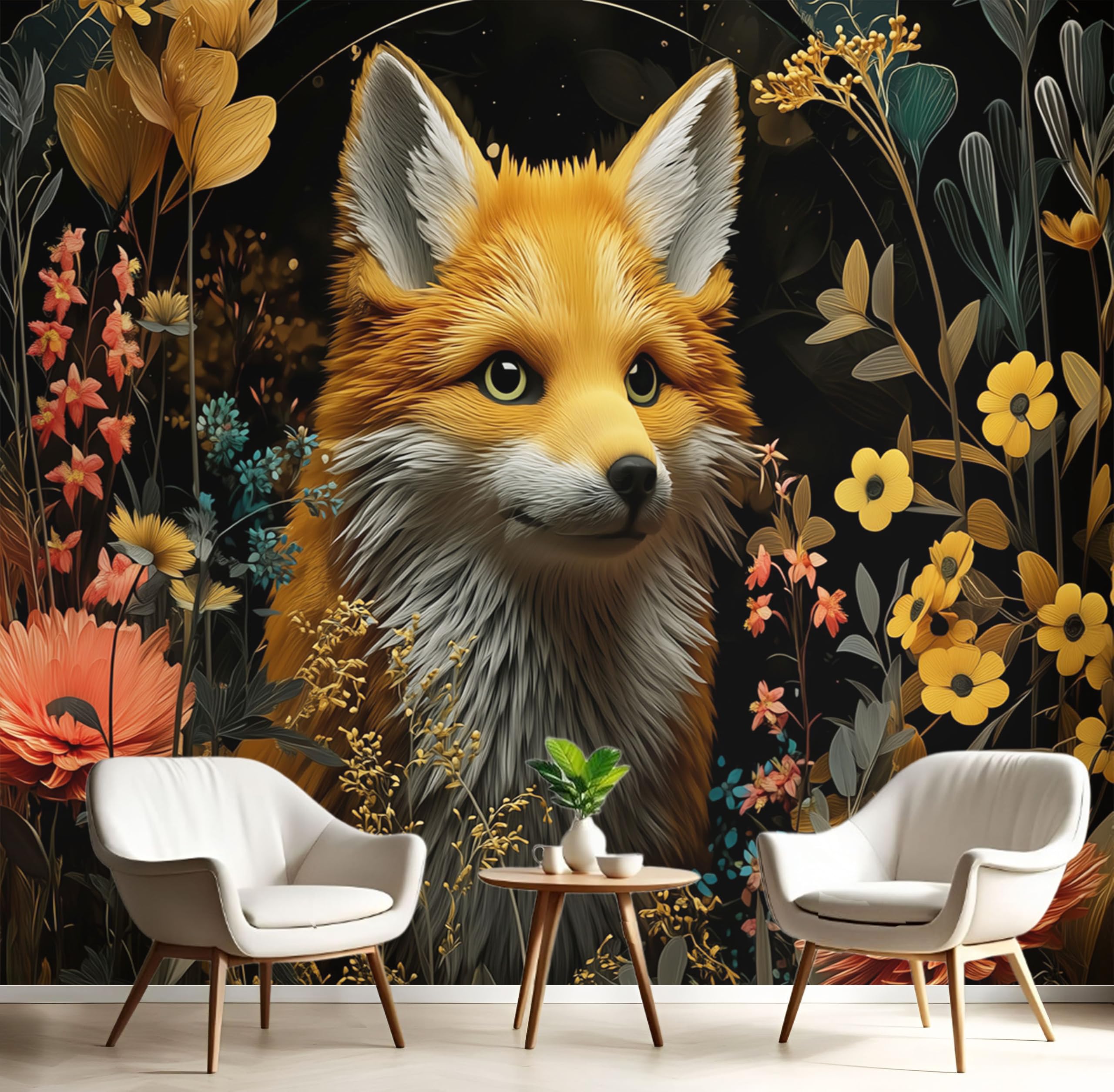 Tapisserie panoramique renard en soie textile 200X140cm au rendu 3D premium