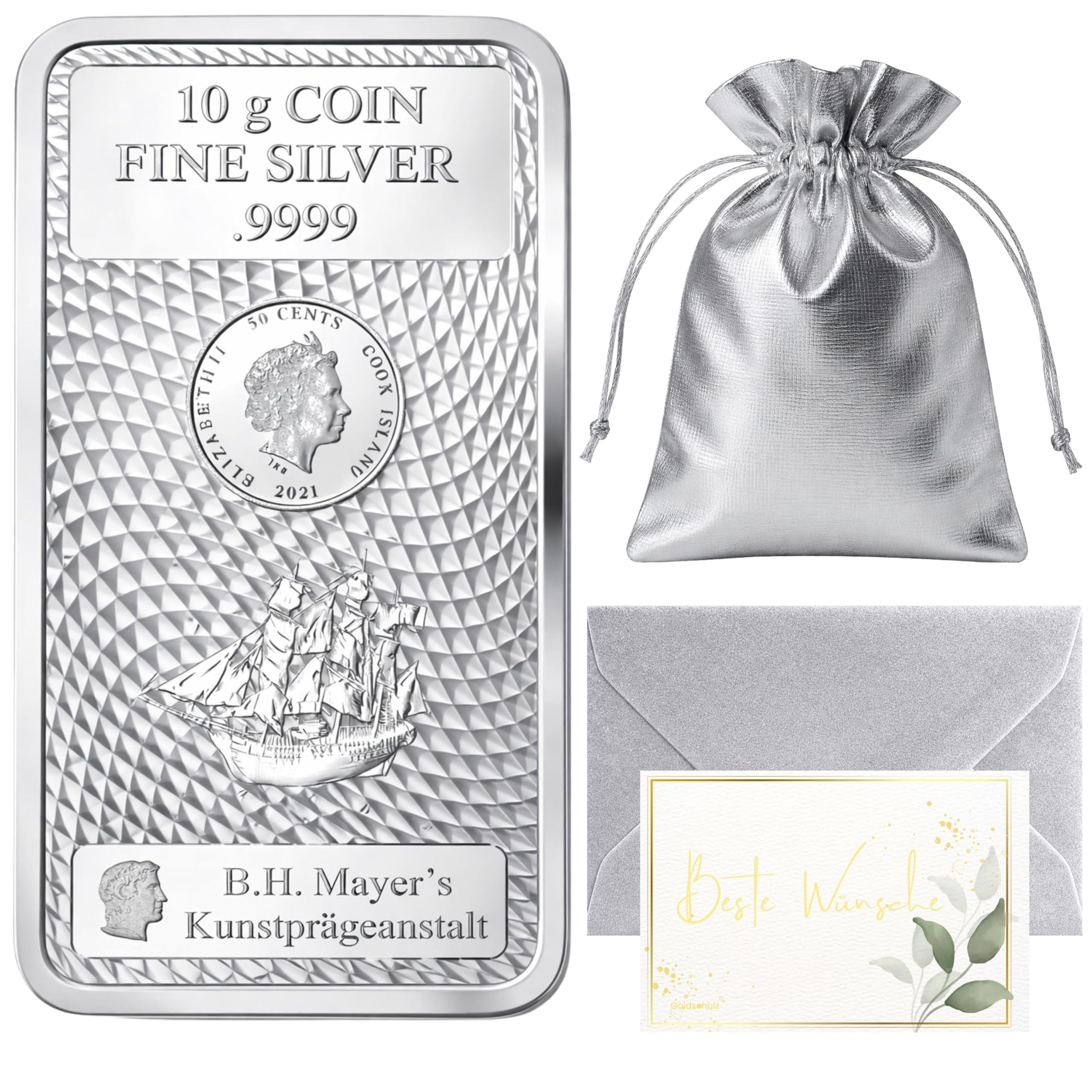 Goldschulz Cook Islands Silber Münzbarren Silberbarren 999,9 Feinsilber - Geschenkset + Echtheitszertifikat (10g Silber)