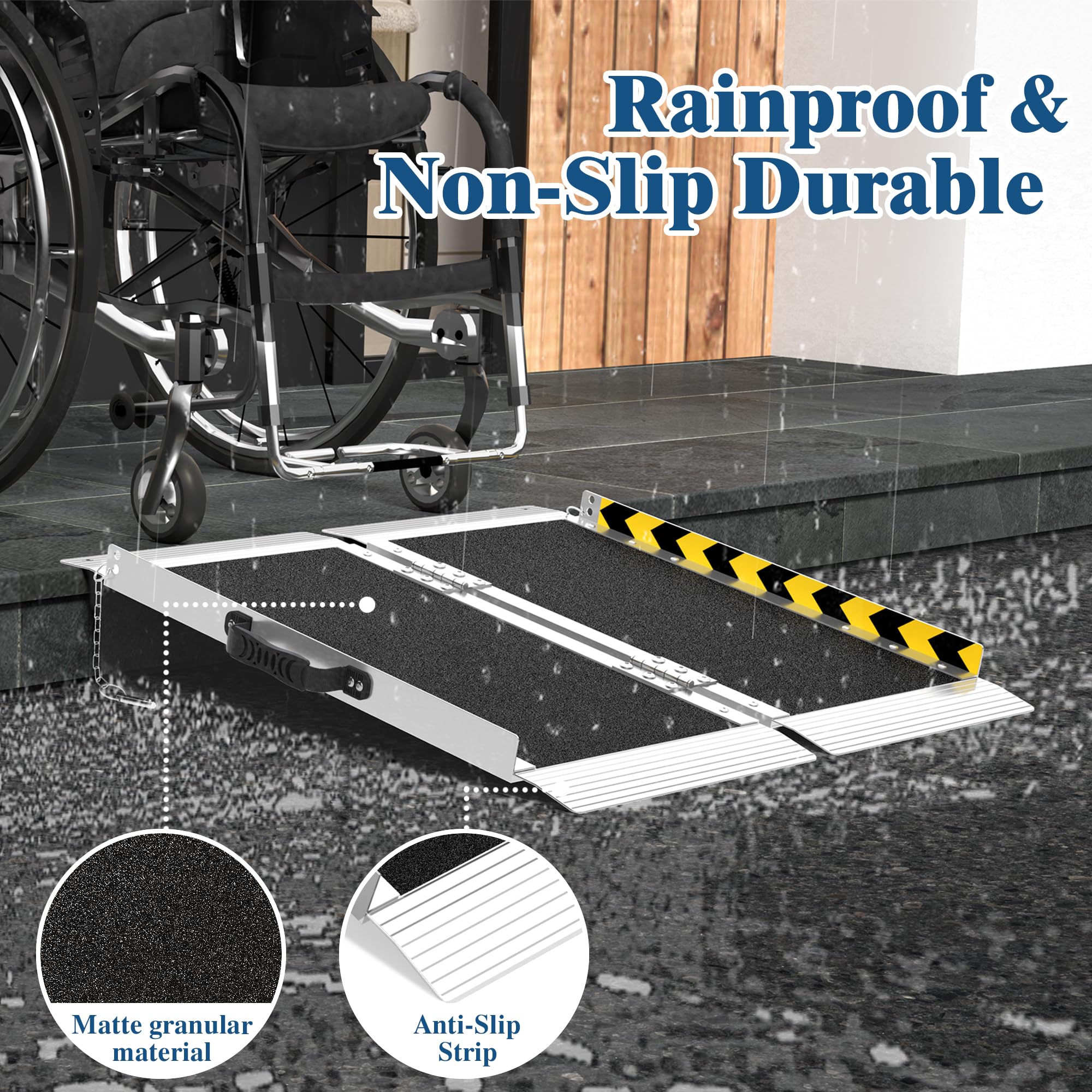 Rampa plegable portátil de aluminio para silla de ruedas, 24 x 29 x 2 pulgadas, capacidad de 600 libras, con almohadillas de tracción de goma y bisagras de acero inoxidable