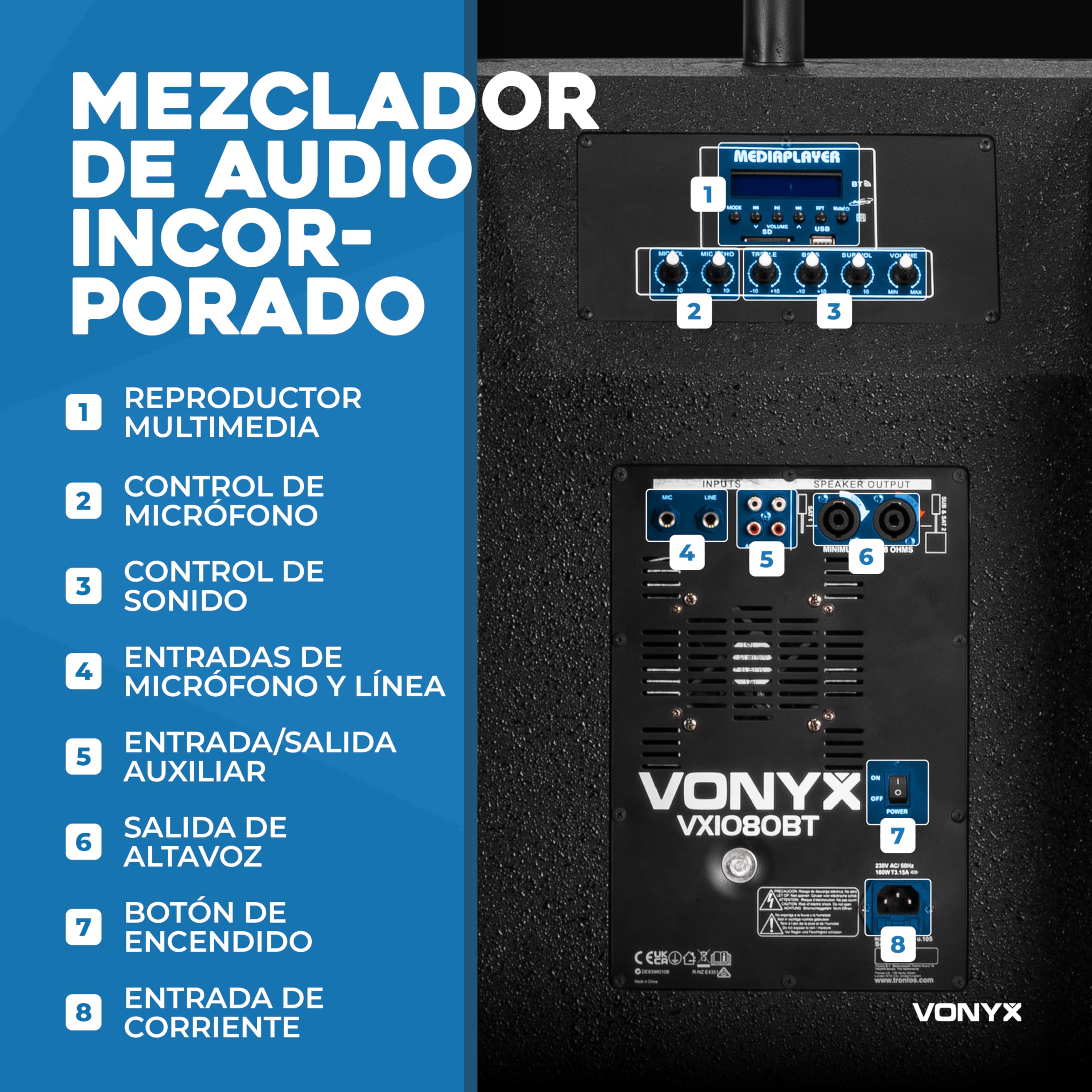 Vonyx VX1080BT – Sistema 2.2 Activo 1250W con Bluetooth 5.3, USB, SD, Doble subwoofer 15”, Micro, Trolley, Funda y Soportes, Equipo de Sonido Profesional para Eventos, Fiestas y DJ, Color Negro