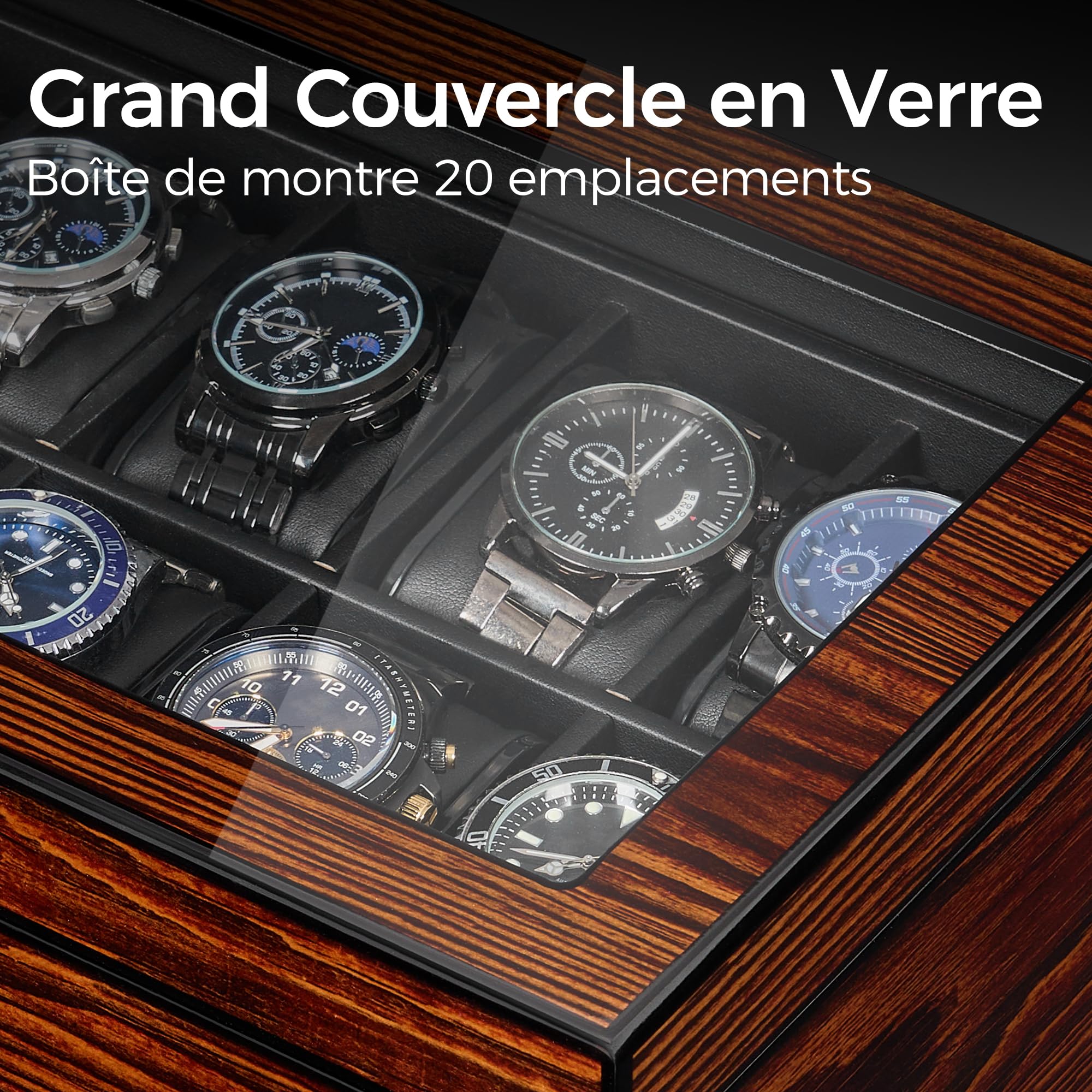 BEWISHOME Boîte à Montres, Boite a Montre Homme avec 20 Emplacements, Coffret à Montres de Luxe avec Couvercle en Verre, Intérieur en Faux Cuir Doux, Serrure en Métal, Boite Montre Marron ESSH04Y