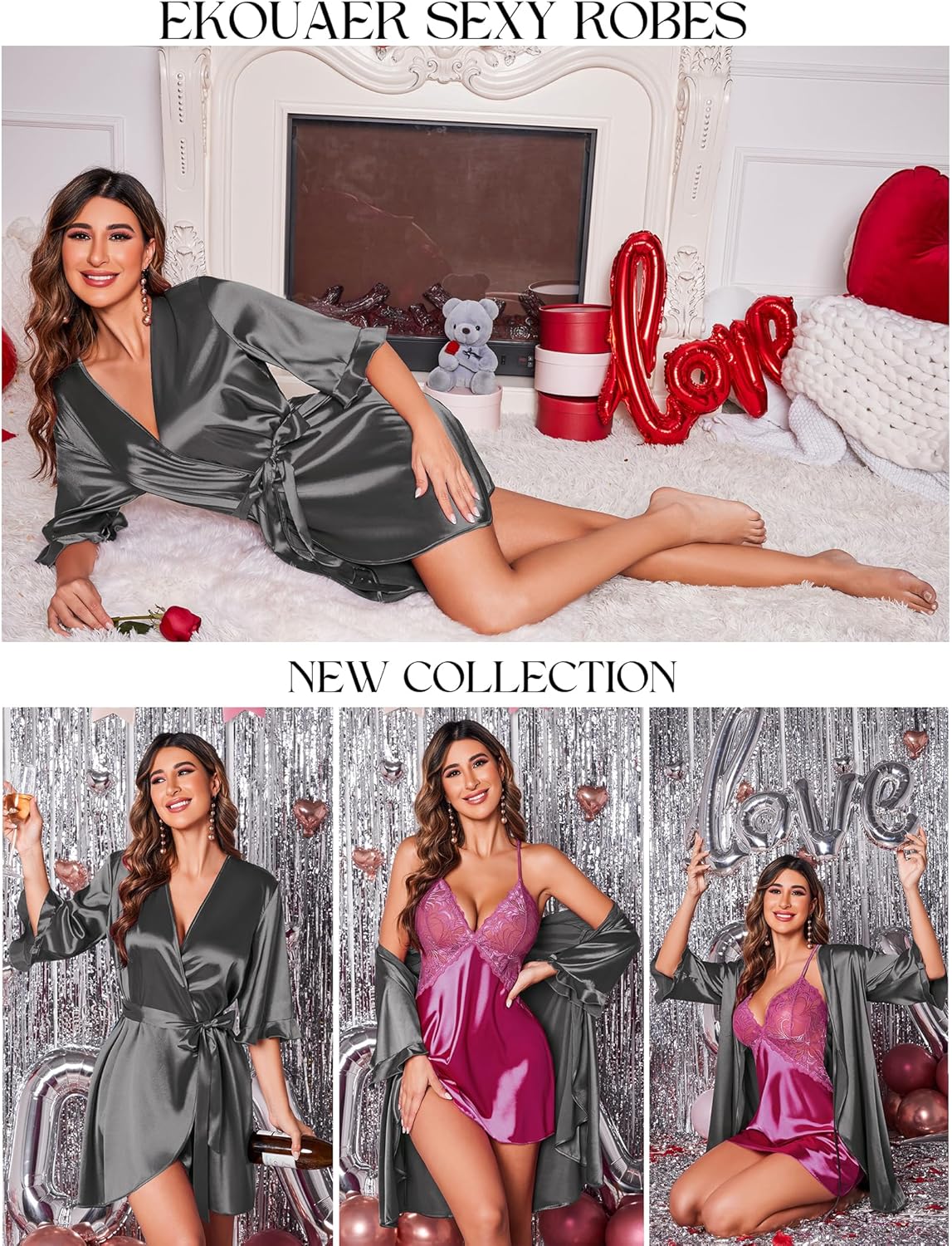 Ekouaer Women's Satin Robe Valentines Lingerie for Women Kimono Bathrobe Short Ruffle Belted Robes Bridesmaids Sleepwear - Image 4