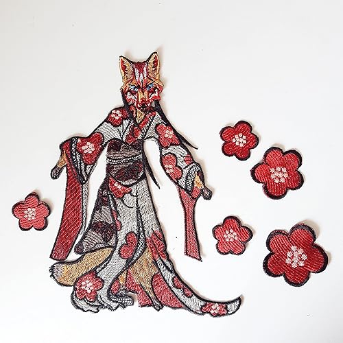 Moks497 Kitsune Japan Embroidered Patch, Set of Fox in Kimono and Flowers Large Patch
