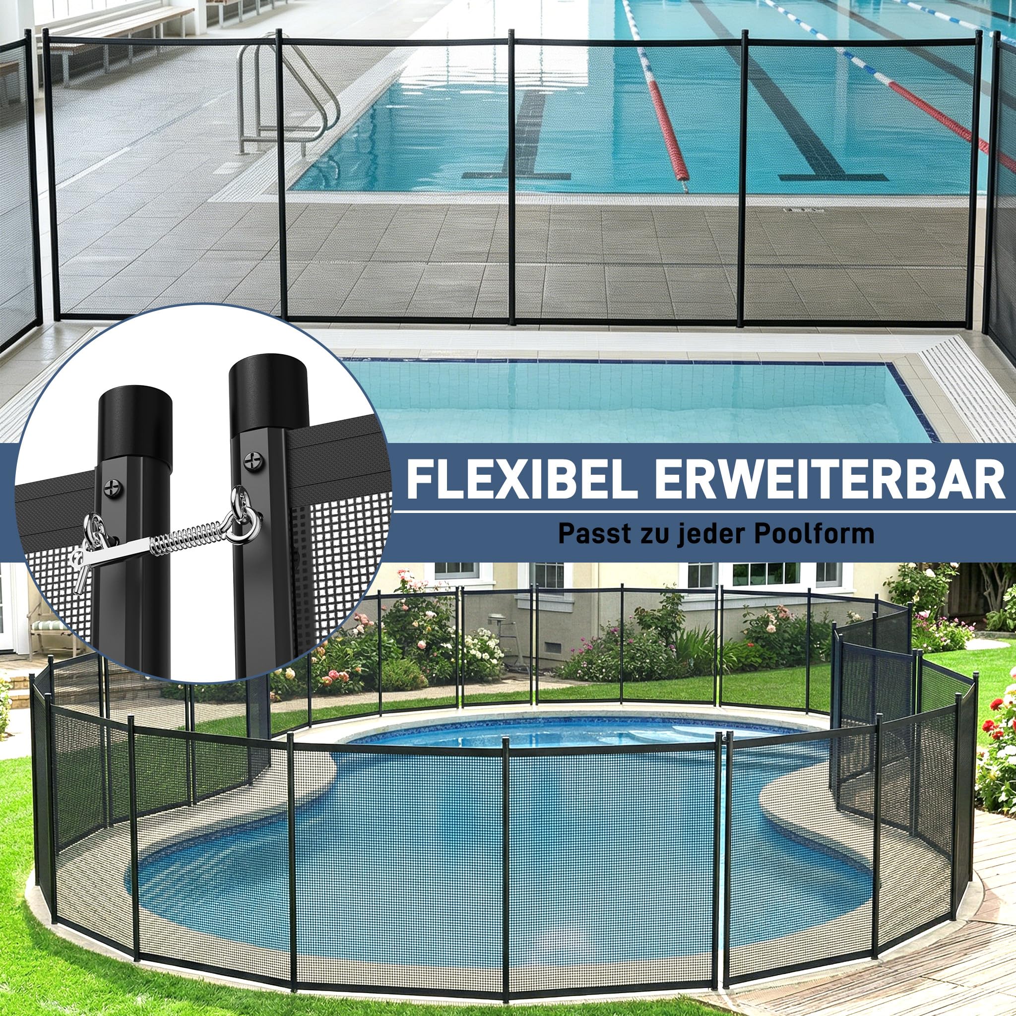 LZQ Poolzaun Kinder Sicherheitszaun Pool Schutzzaun Abnehmbar Gartenzaun Poolschutz Schwimmbadzaun Teichzaun Sichtschutz Zaun Outdoor mit Aluminiumrahmen Poolzaunnetz für Garten Terrasse, 724x136cm