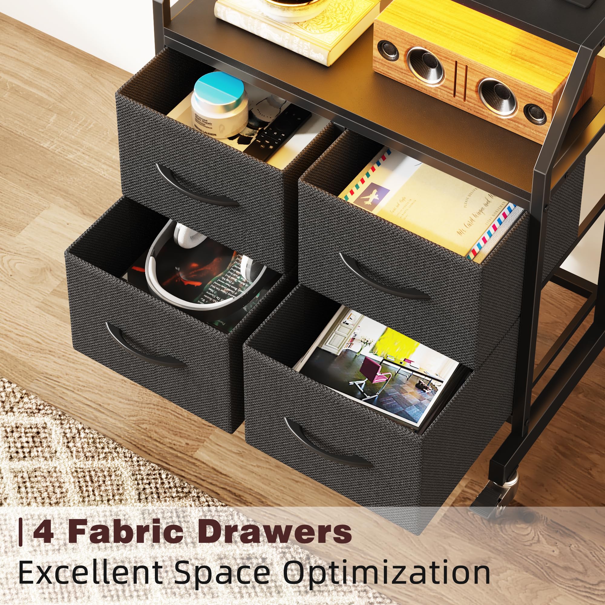 OYRREU LED Light TV Stand on Wheels with Mount and Power Outlets, Rolling TV Stand Adjustable Height & 4 Drawer Storage,Black - 5