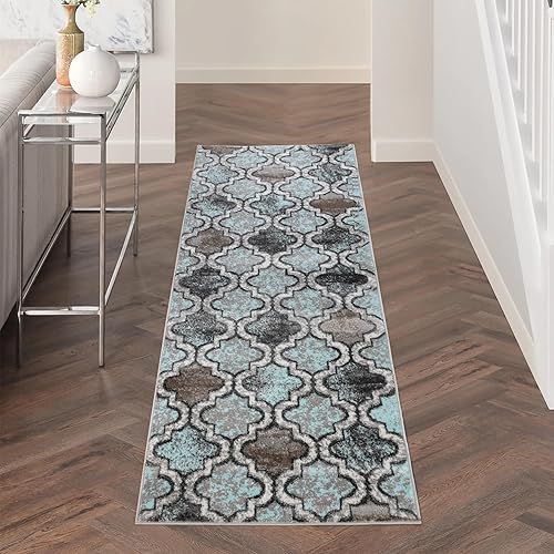 Superior Indoor Area Runner, Jute Backed, Perfect for Hallway, Living/Dining Room, Bedroom, Office, Kitchen, Entryway, Modern Geometric Trellis Floor Decor, Viking Collection, 2' 7" x 10', Turquoise