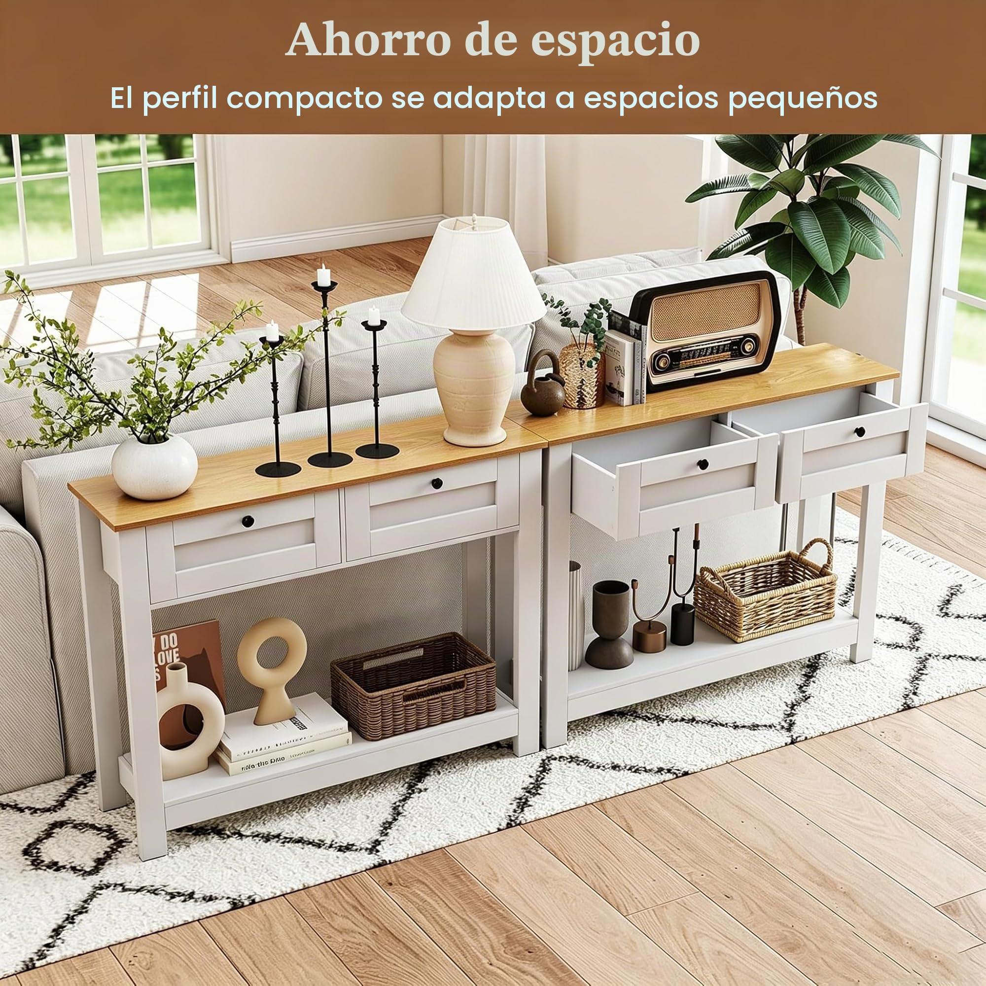 LIFEZEAL Mesita Auxiliar Rectangular de Madera, con Dos Estantes y Dos Cajones, Incluye Diseño Antivuelco, para Pasillos, Recibidores y Salones, Máx.80 kg, Blanco (106 x 30 x 81,5 cm)