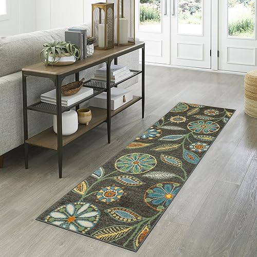 Maples Rugs Reggie Floral Runner Rug - Made in USA - Washable, Non Slip Indoor Carpet for Kitchen, Hallway, and Laundry Room, 2' x 9', Dark Grey