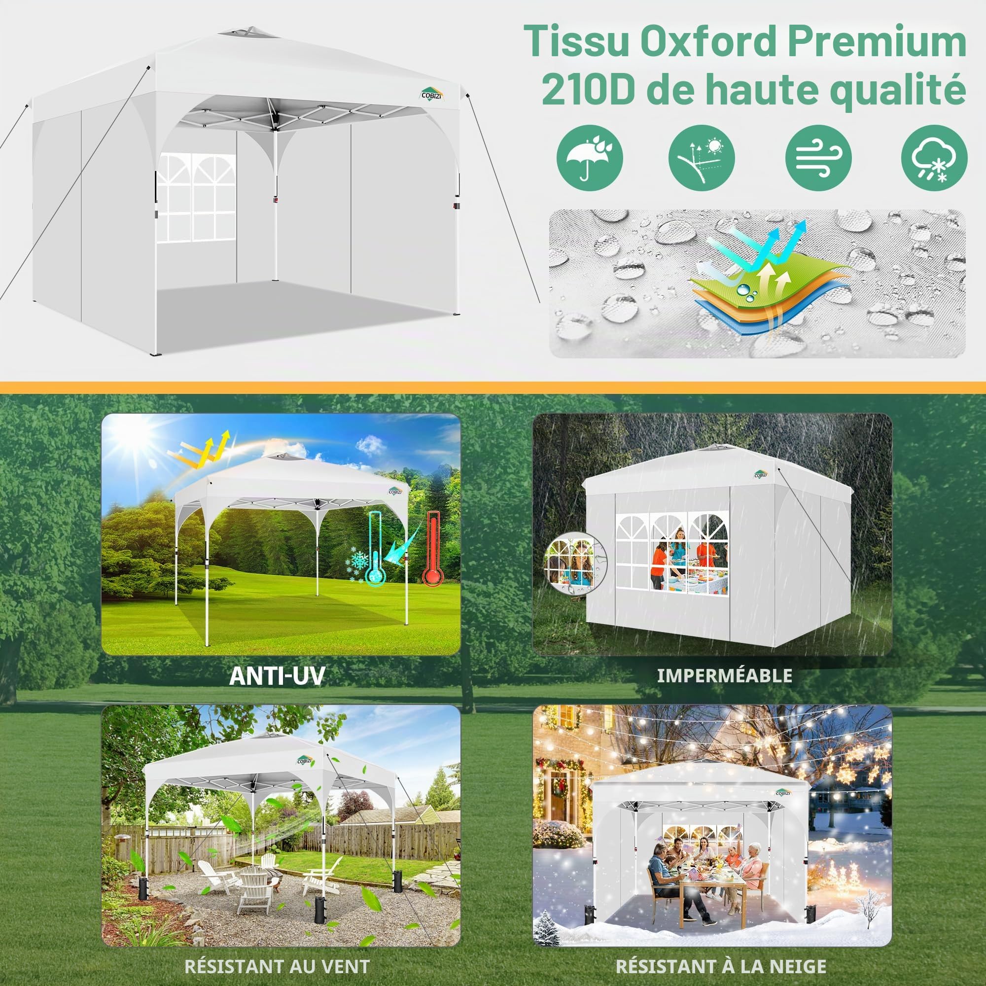 Cobizi Tonnelle Pliante 3x3 Imperméable Tonnelle De Jardin Exterieur,3 Panneaux Latéraux,Tonnelle Pliante Imperméable,Convient pour Le Camping, Les Festivals, Barnum avec 4 Sacs,Sable，Blanc