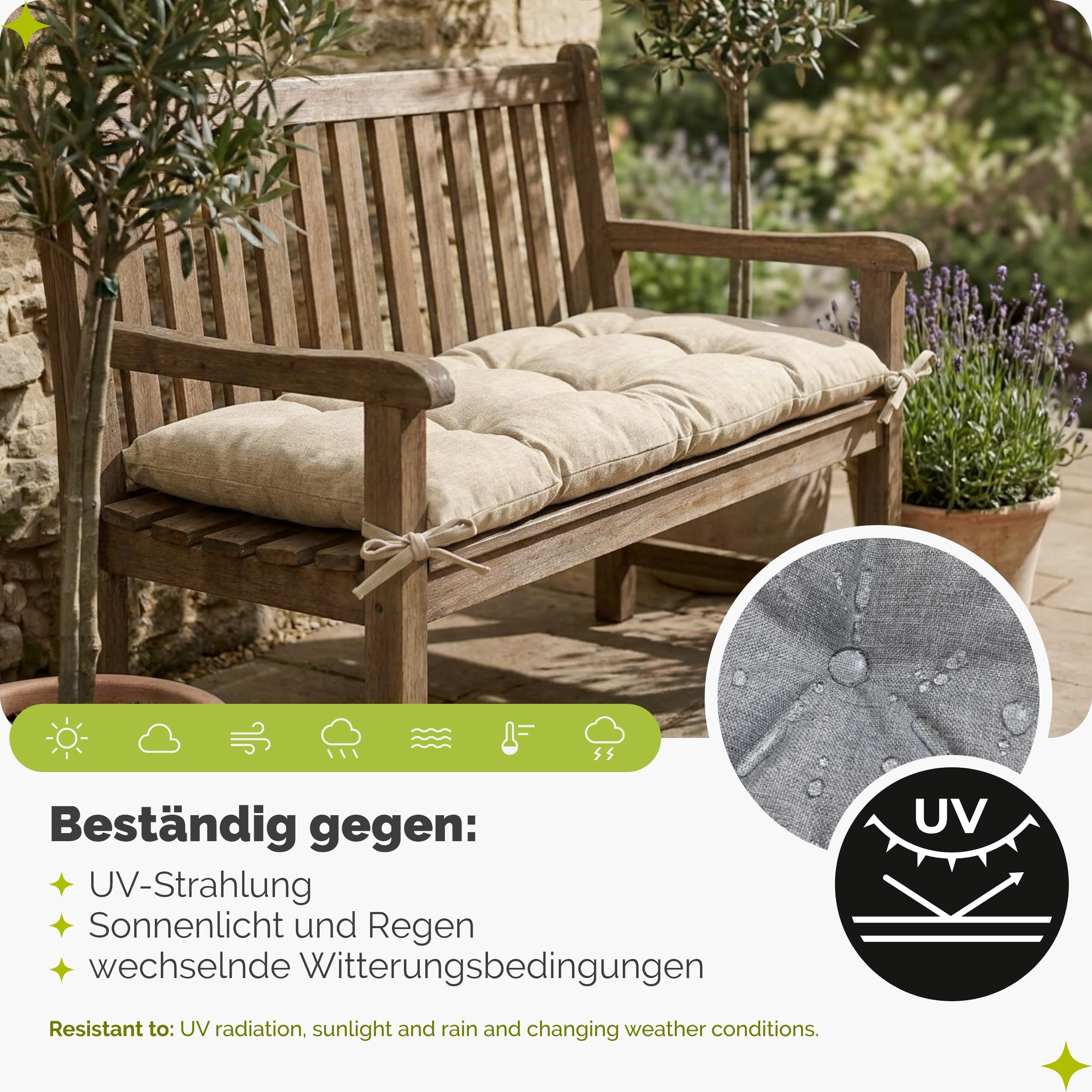 Garronda Bankauflage wasserabweisend 100x50 cm ca. 10 cm dick Sitzkissen Outdoor für Gartenbank und Hollywoodschaukel Polster Auflage für Sitzbank UV-beständig mit Bändern GD-0219 Grau