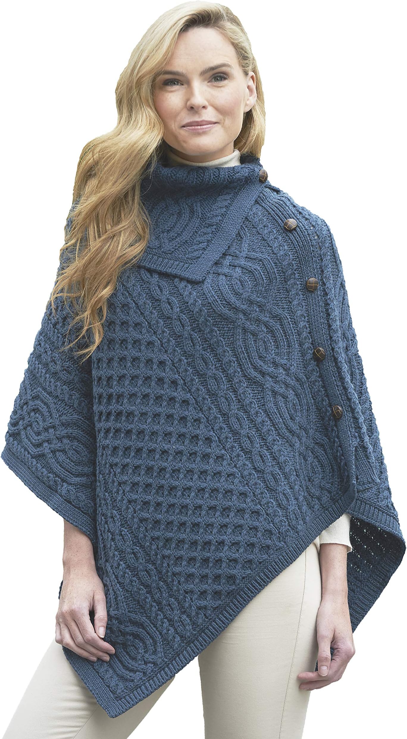 Aran CraftsWomen's Cable Knit Buttoned Cowl Neck Poncho (100% Merino Wool)