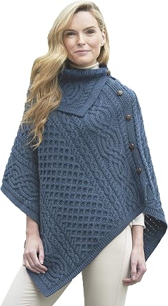 Aran Crafts Womens Cable Knit Buttoned Cowl Neck Poncho 100% Merino Wool