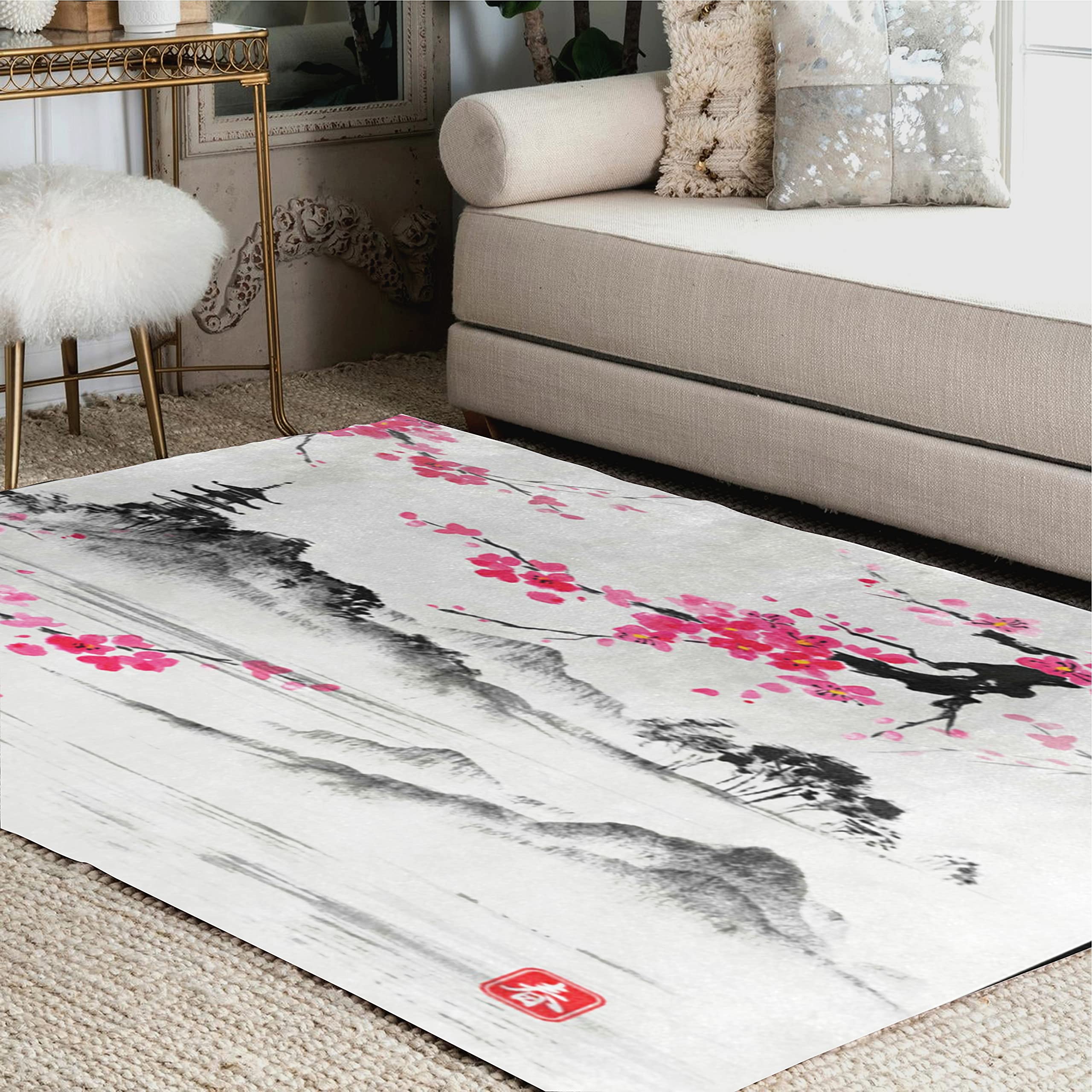 Amazon｜Alaza Japanese油彩画桜Sakuraフラワーエリアラグ絨毯マット