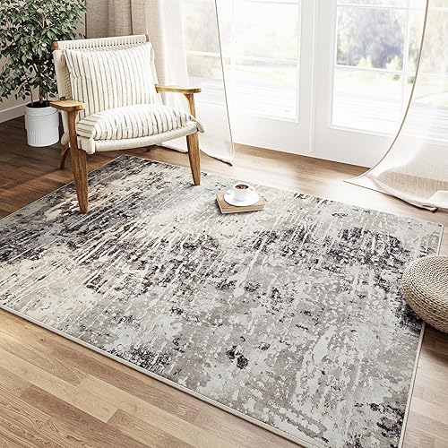 4x6 Machine Washable Rugs Grey Hallway Area Rug Indoor Accent Rug Abstract Non Slip Low Pile Carpet Distressed Throw Rug for Bedroom Living Room Office Dining Room Kitchen Laundry Room
