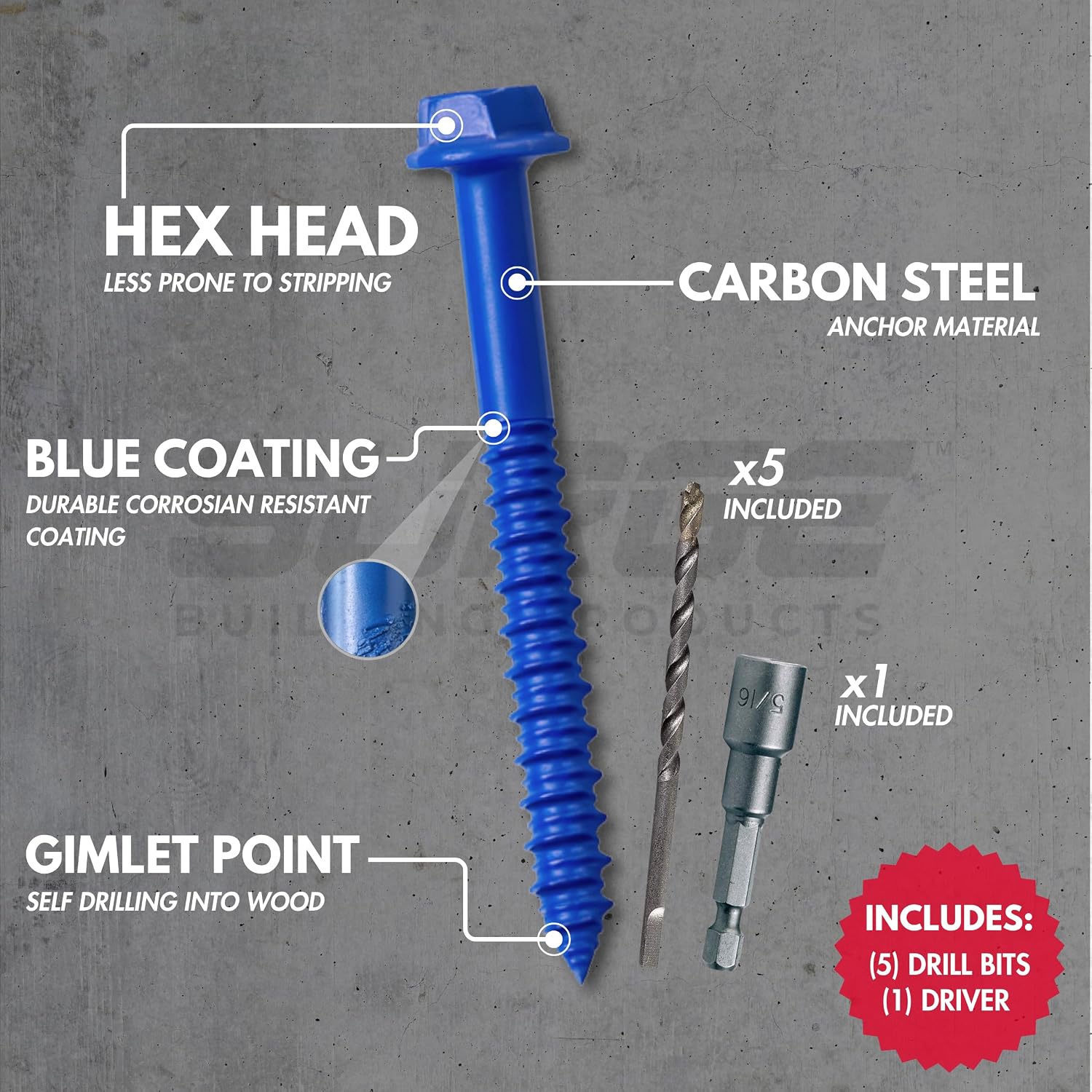 3/16" x 1-1/4" Hex Head Blue Concrete Screw Anchor with Drill Bit & Driver (Box of 500) | Masonry Screws for Concrete, Block, and Brick