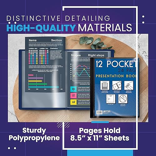 Vista 12 de Better Office Products Libro de presentación encuadernado con 12 bolsillos, colores surtidos, cubierta frontal transparente, 24 páginas protectoras