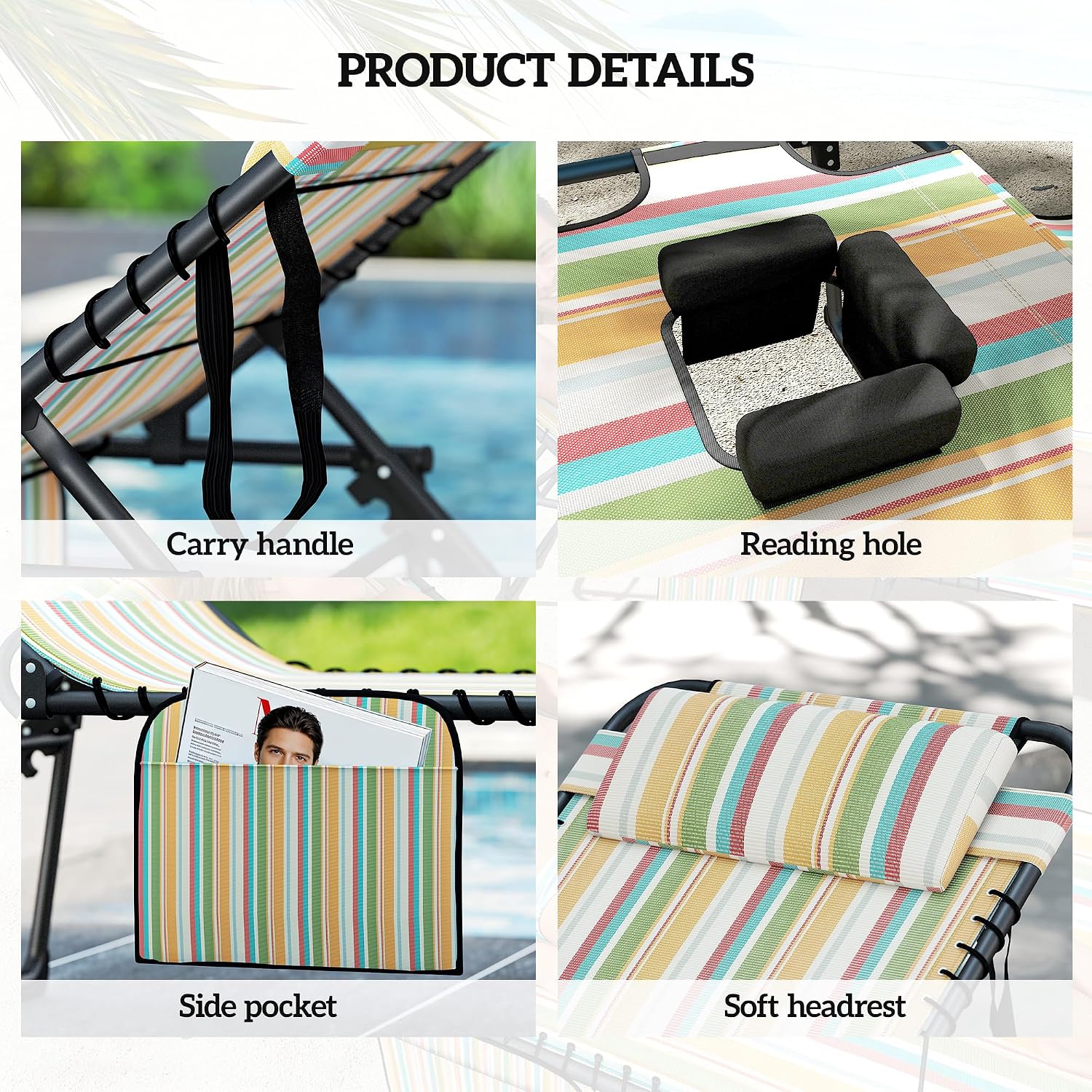 Outsunny 2 Piece Folding Chaise Lounge with 5-Level Reclining Back, Tanning Chair with Face Hole, Outdoor Lounge Chair with Side Pocket & Headrest for Beach, Yard, Patio, Rainbow Striped