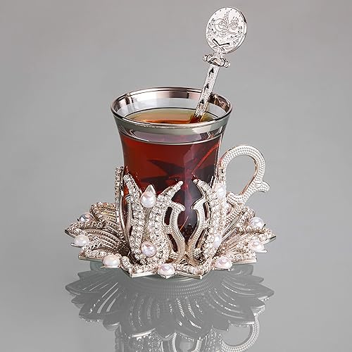 Miniatura 2 de LaModaHome Juego de té turcotazas de té turco de 6 con cucharas, platillos y soportes, elegante juego de té de vidrio vintage hecho a mano, taza de