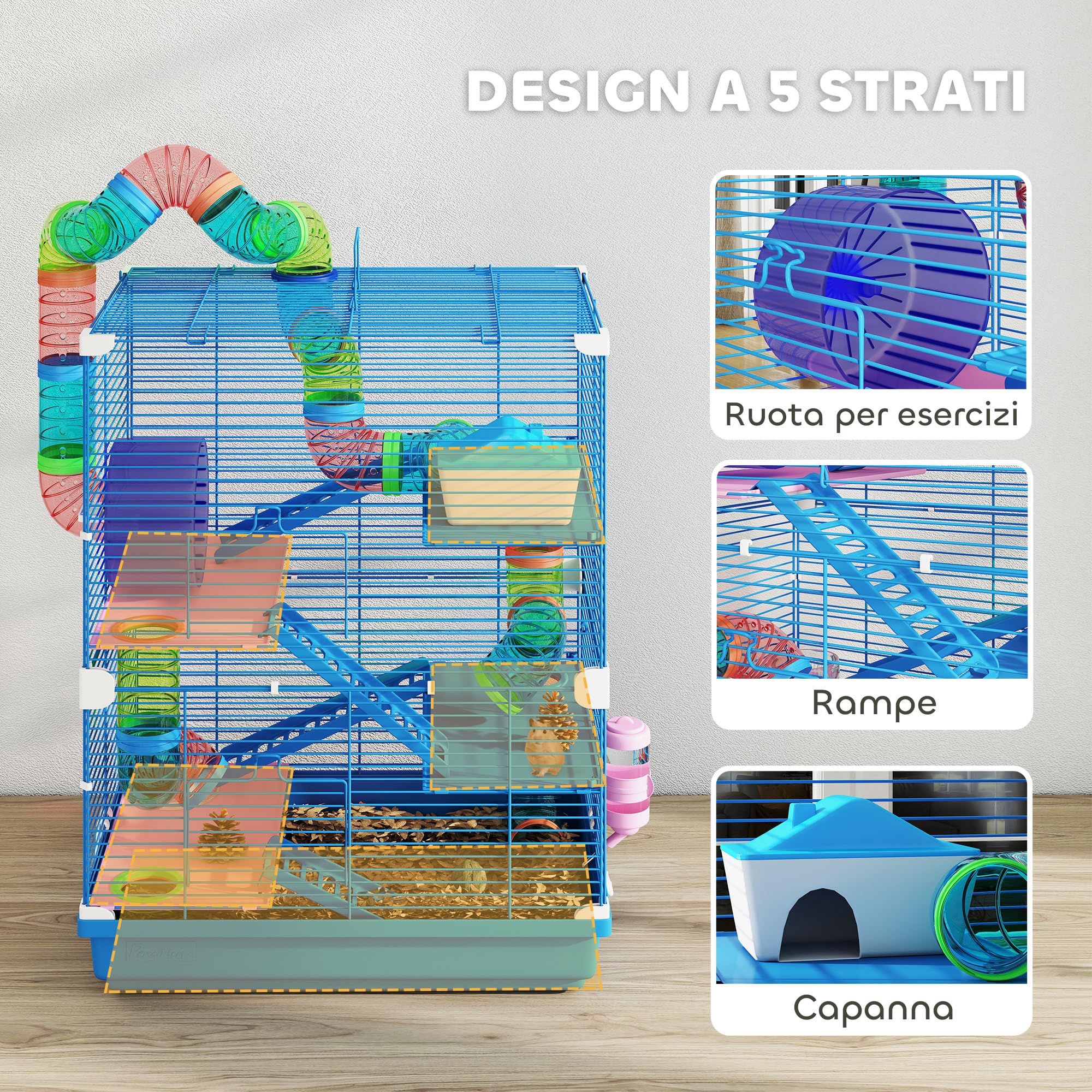 PawHut Gabbia per Criceti a 5 Livelli con Tubi, Ruota, Casetta, Scale e Bottiglia, Gabbietta per Roditori in Metallo e Plastica, 46x30x58 cm, Blu Scuro
