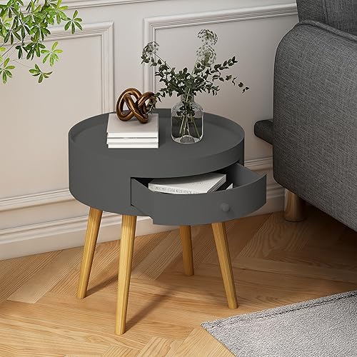 Miniatura 5 de DREAMPAA Mesas laterales redondas de 15 pulgadas de diámetro x 18 pulgadas de alto, sala de estar con cajón de almacenamiento para ahorrar espacios