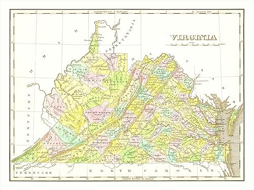 Virginia Map 1824 - Museum Quality Vintage Virginia Art Wall Decor - Reproduction Old Map of Virginia For Decorating Office, Living Room, Man Cave