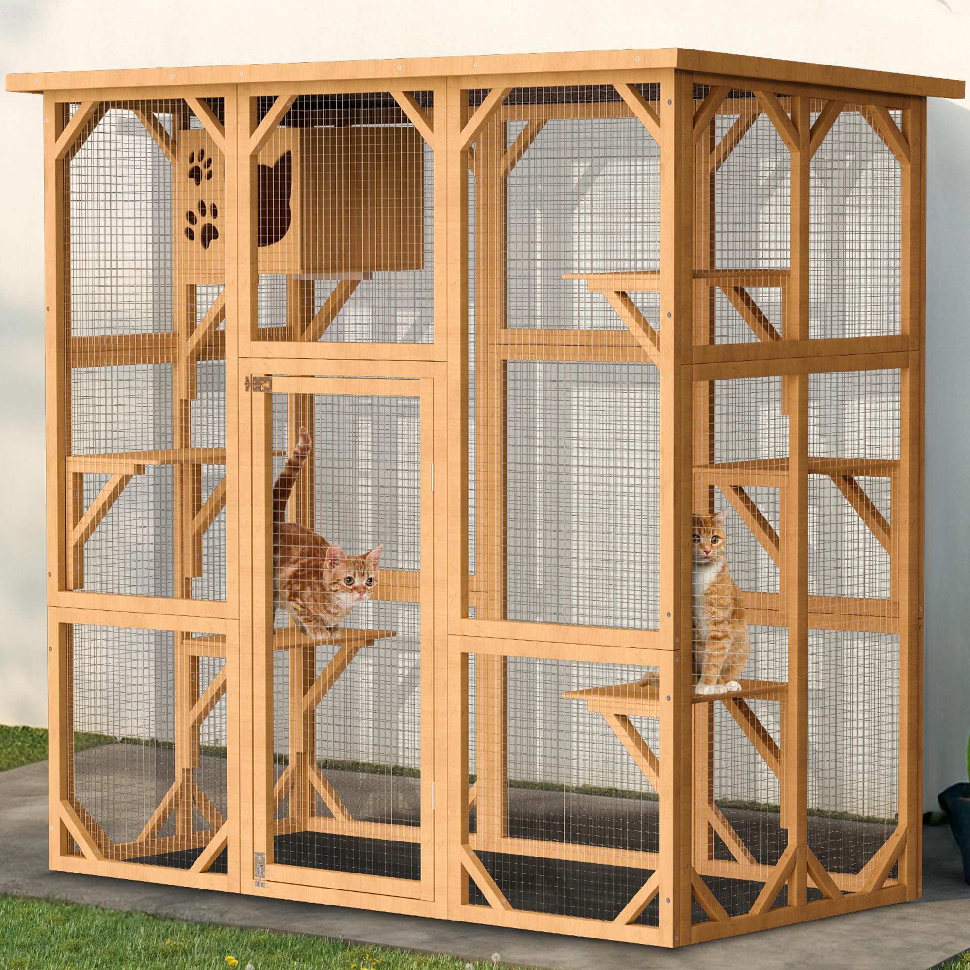LETATA Catio Outdoor Cat Enclosure House, 5 Tiers Large Indoor Cat Cage with 5 Platforms Resting Box, Cat Catio Walk in Wooden Shelter Outdoor with Asphalt Waterproof Roof Metal Mesh (Original Wood)