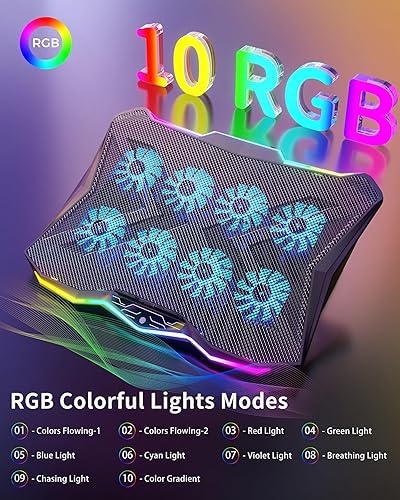 Miniatura 4 de AICHESON Almohadilla de refrigeración para laptop para juegos con 8 ventiladores, soporte de computadora RGB para portátil de 15.6 a 17.3 pulgadas