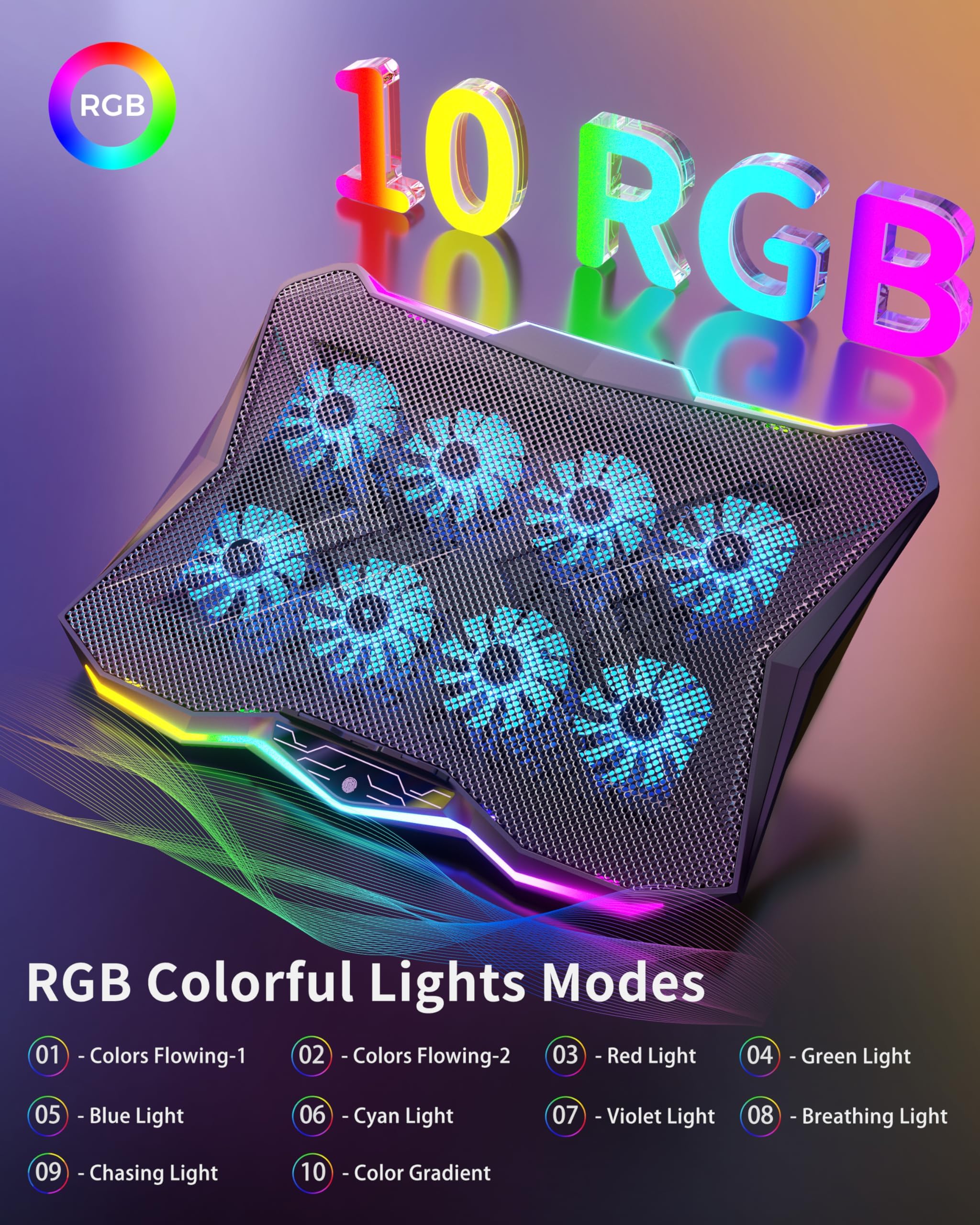 Almohadilla de refrigeración para laptop para juegos con 8 ventiladores, soporte de computadora RGB para portátil de 15.6 a 17.3 pulgadas con 7 ranuras de altura, 2 puertos USB, AA3 4